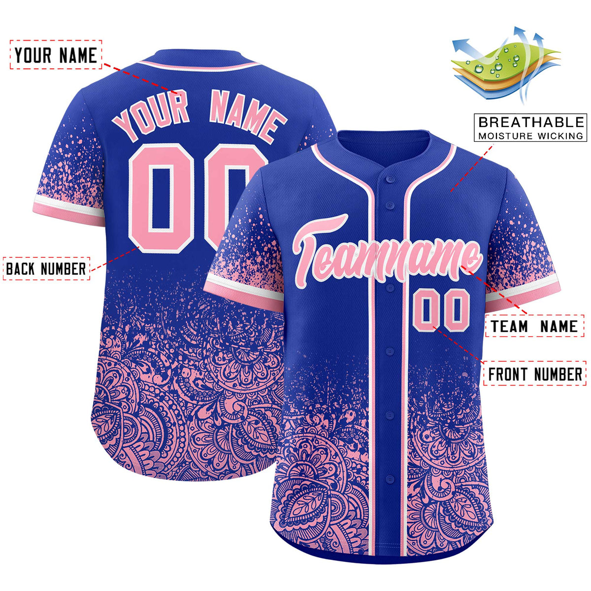 Custom Royal Light Pink Floral Print Pattern Full Button Gradient Fashion Baseball Jersey