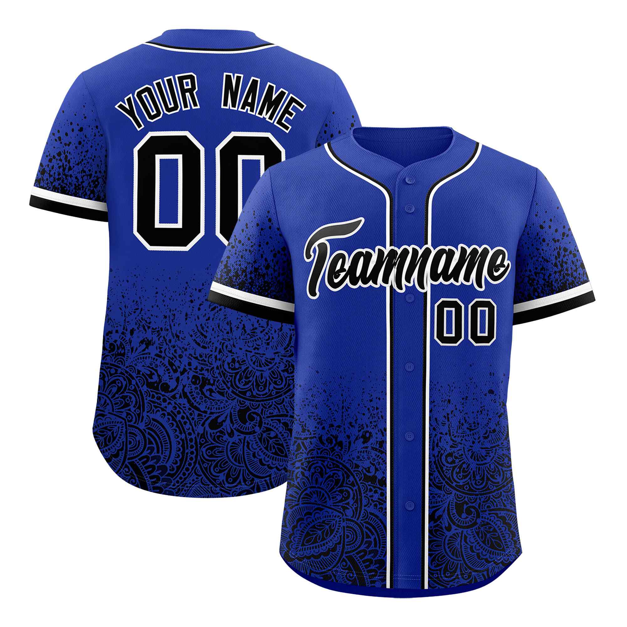 Custom Royal Black Floral Print Pattern Full Button Gradient Fashion Baseball Jersey