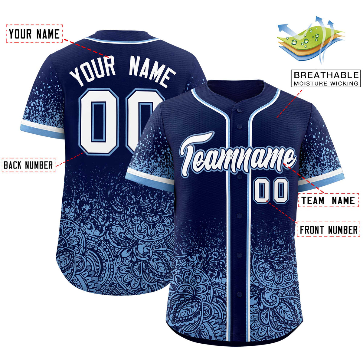 Custom Navy Powder Blue Floral Print Pattern Full Button Gradient Fashion Baseball Jersey