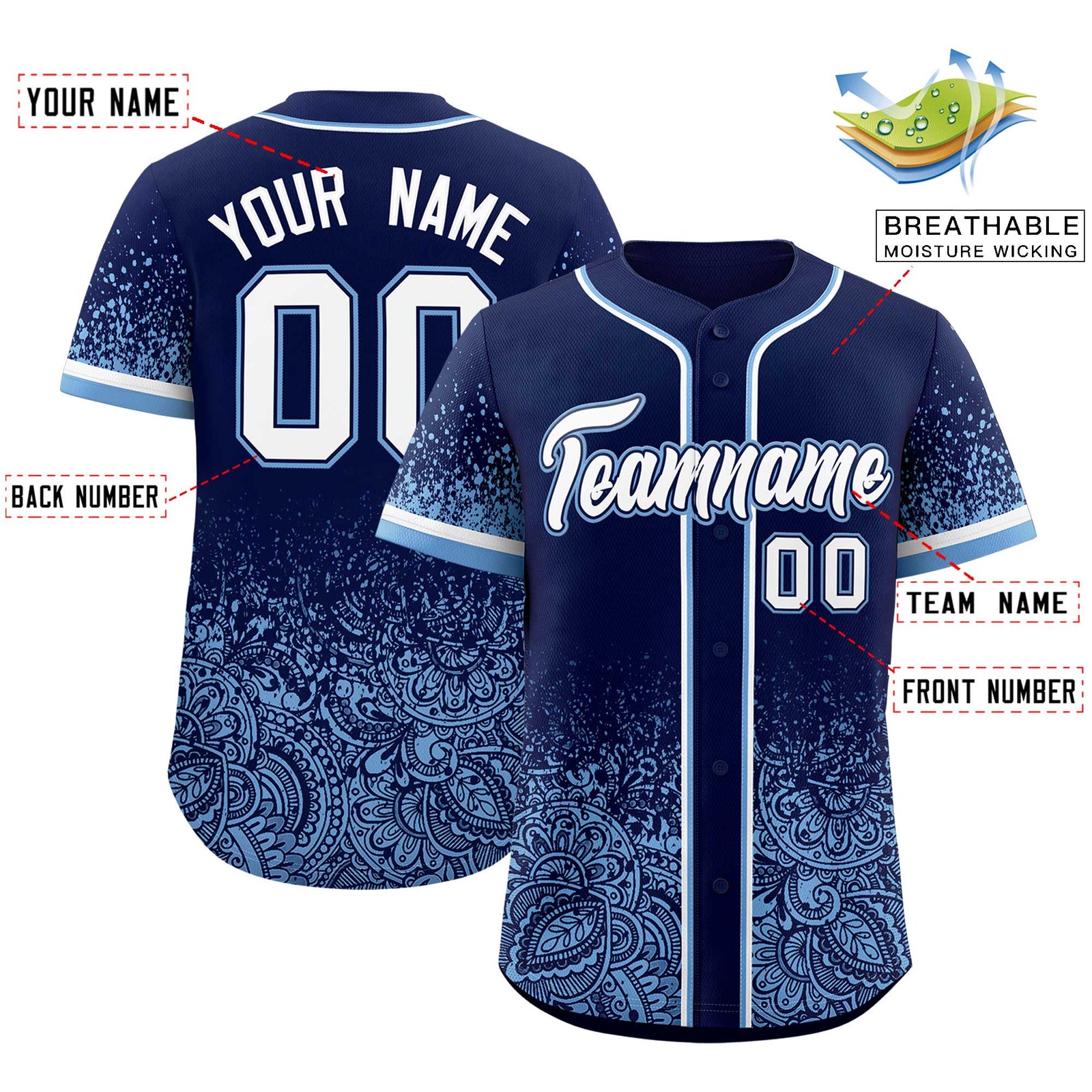 Custom Navy Powder Blue Floral Print Pattern Full Button Gradient Fashion Baseball Jersey