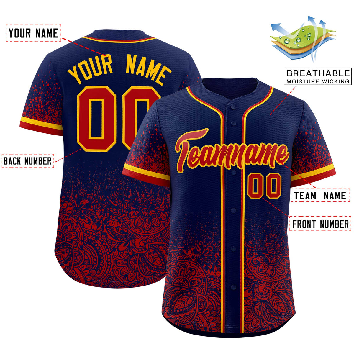 Custom Navy Red Floral Print Pattern Full Button Gradient Fashion Baseball Jersey
