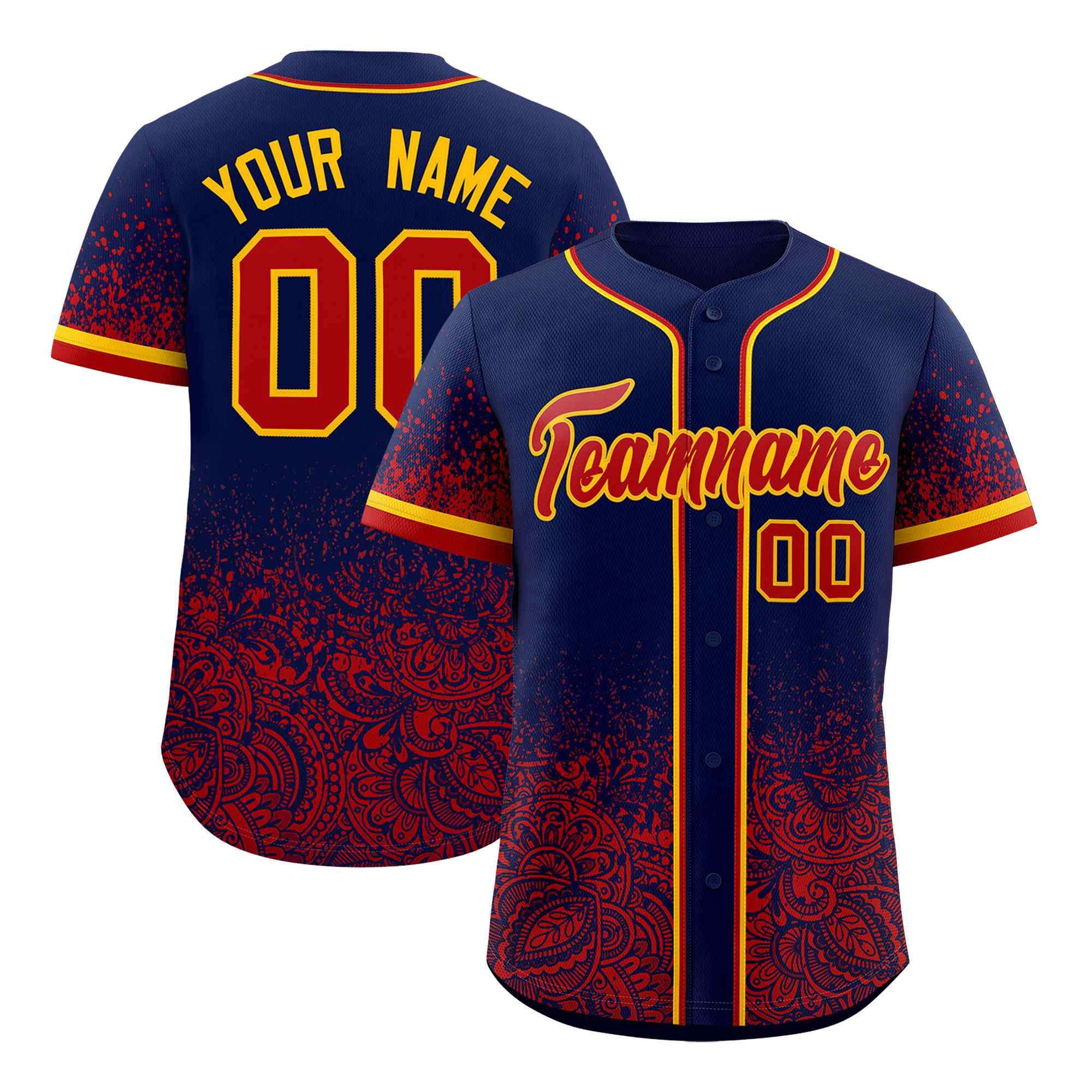Custom Navy Red Floral Print Pattern Full Button Gradient Fashion Baseball Jersey