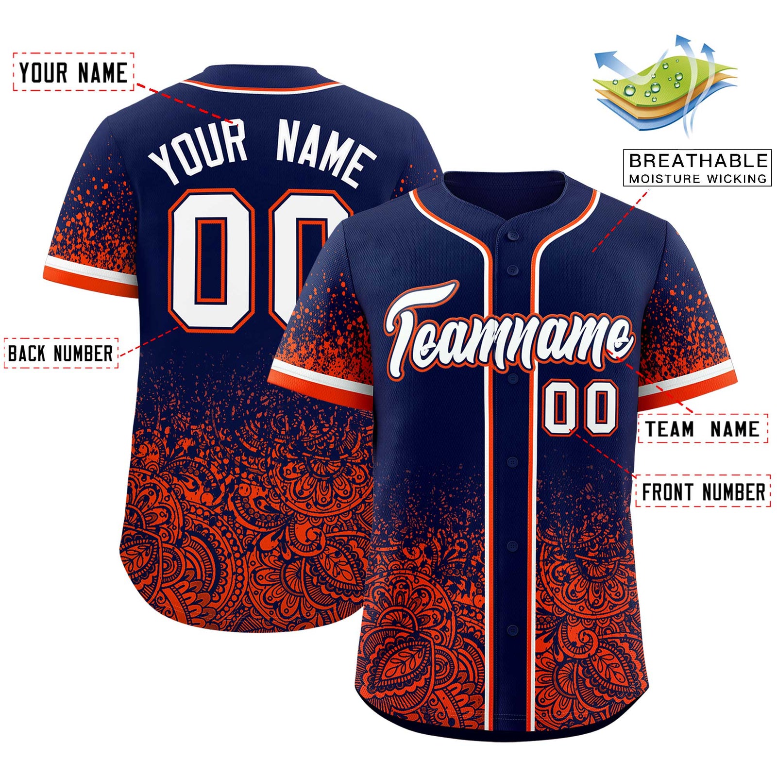 Custom Navy Orange Floral Print Pattern Full Button Gradient Fashion Baseball Jersey
