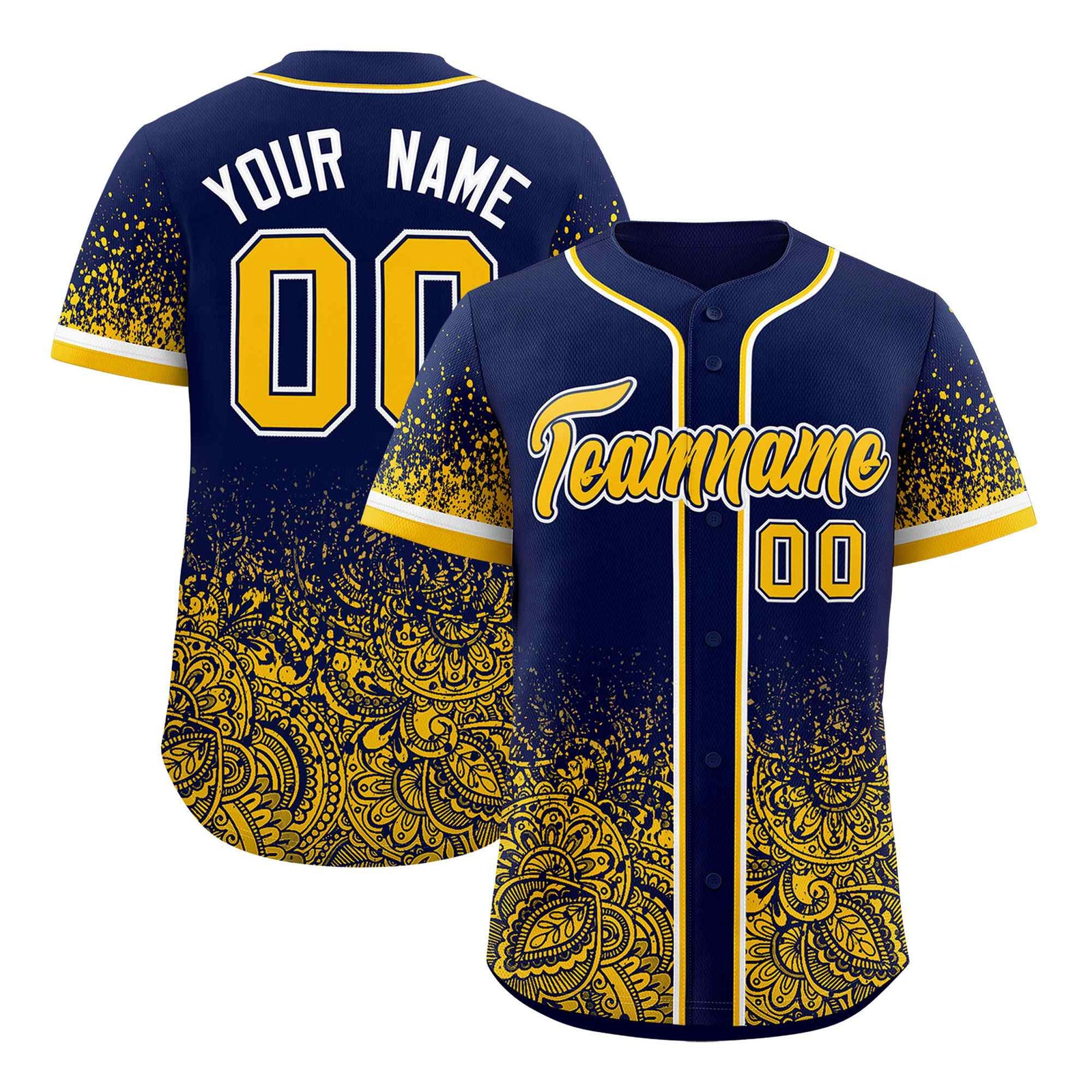 Custom Navy Yellow Floral Print Pattern Full Button Gradient Fashion Baseball Jersey
