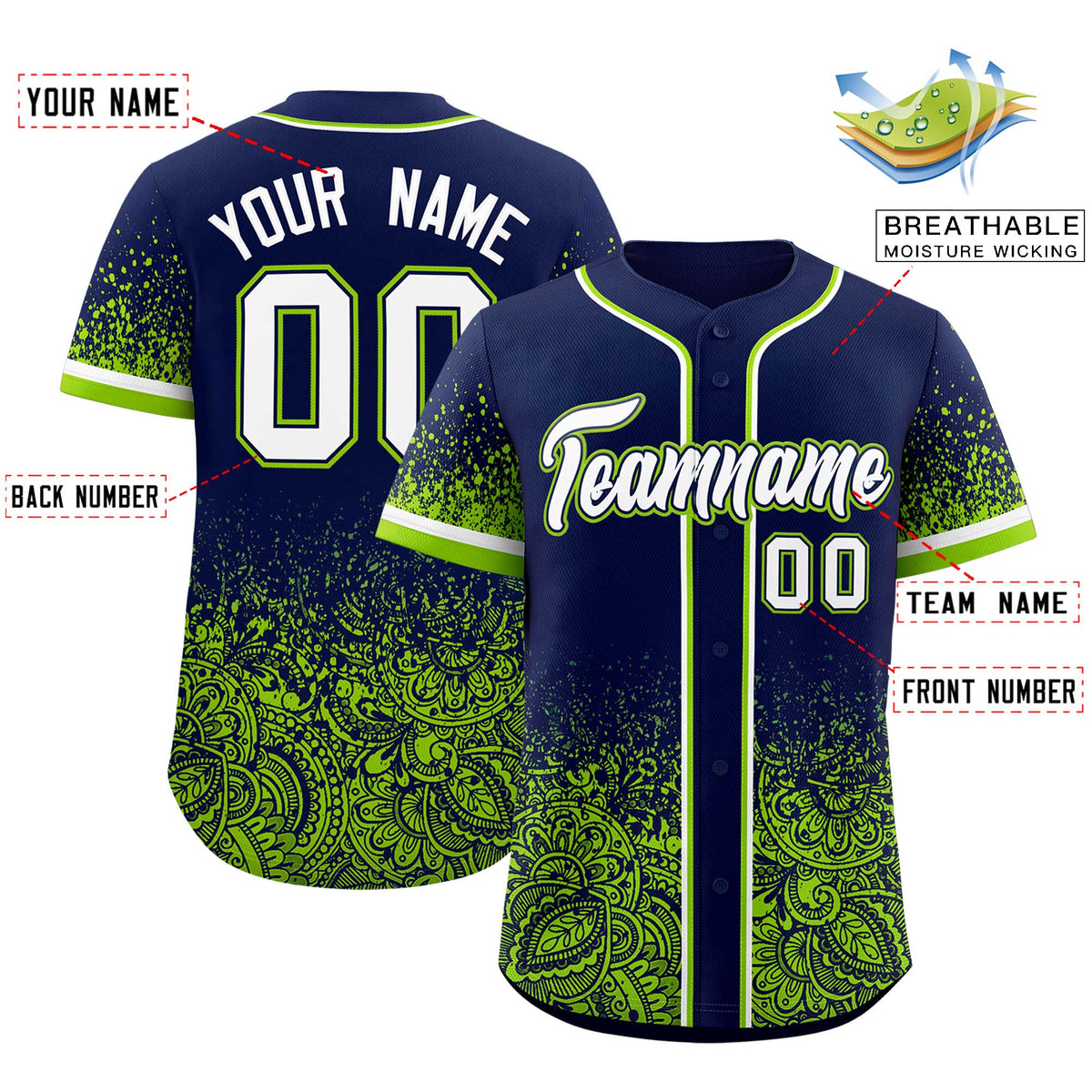 Custom Navy Neon Green Floral Print Pattern Full Button Gradient Fashion Baseball Jersey