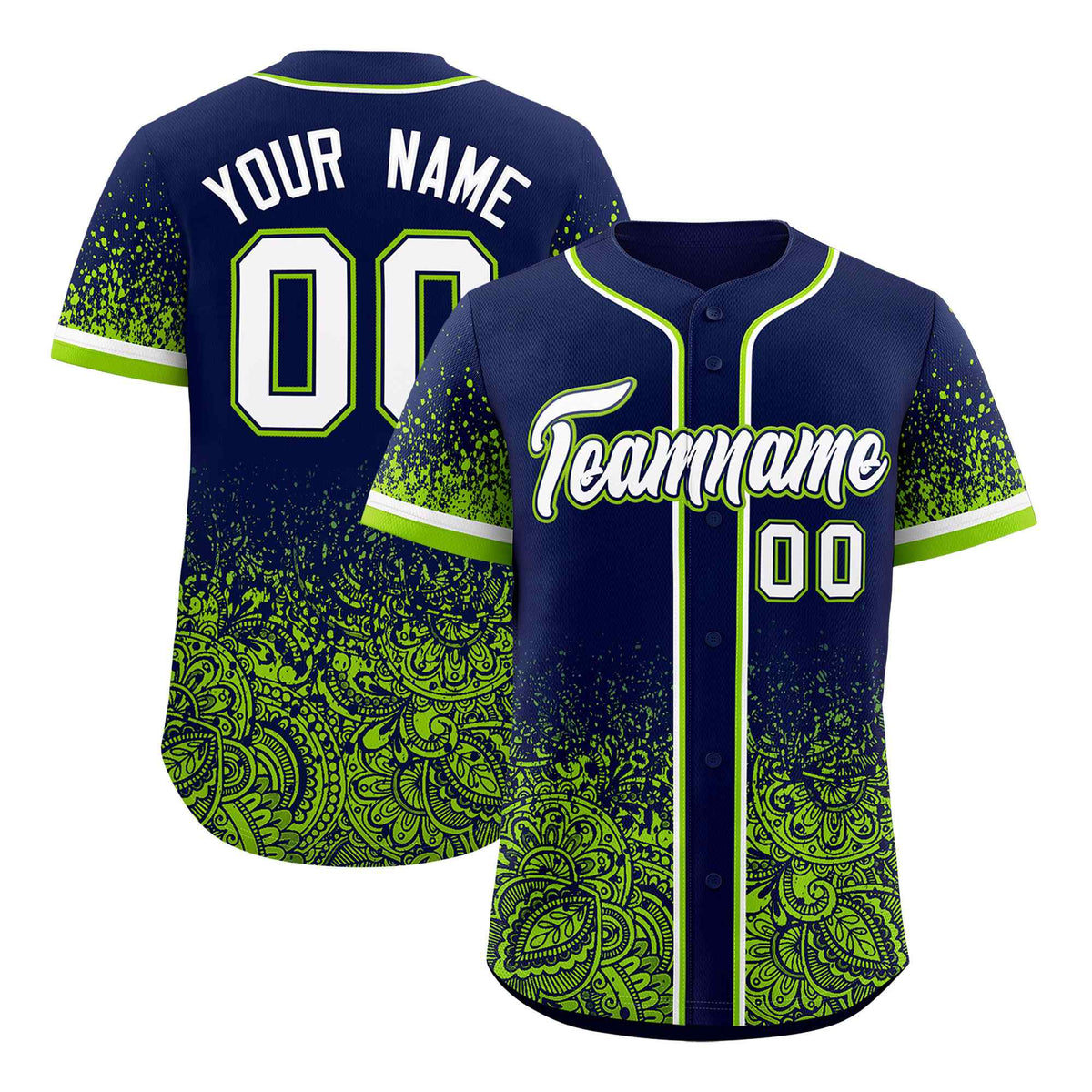 Custom Navy Neon Green Floral Print Pattern Full Button Gradient Fashion Baseball Jersey