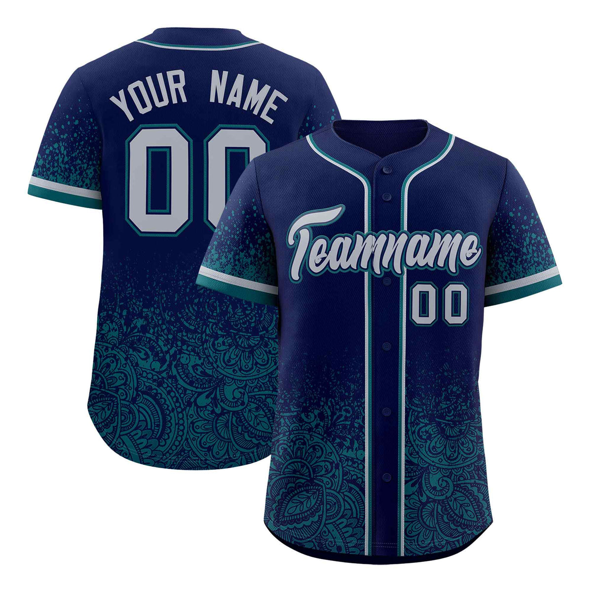 Custom Navy Teal Floral Print Pattern Full Button Gradient Fashion Baseball Jersey