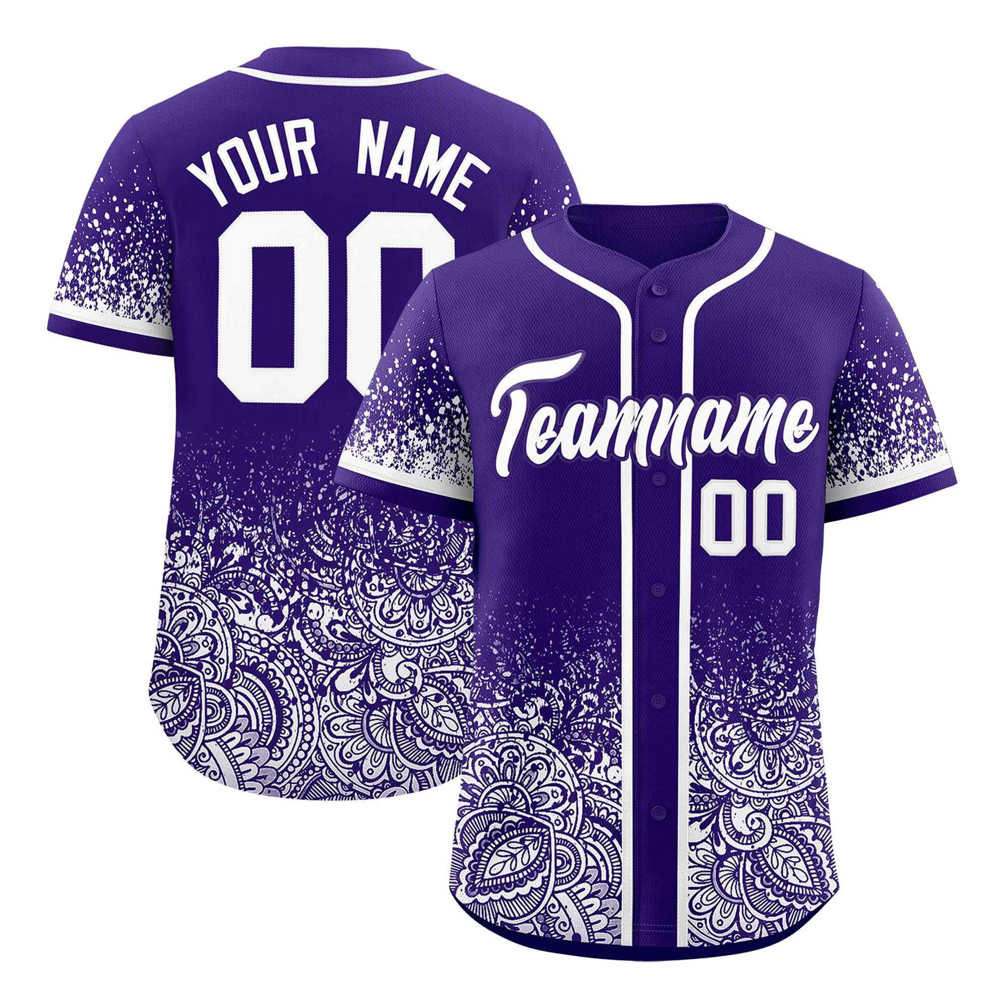 Custom Purple White Floral Print Pattern Full Button Gradient Fashion Baseball Jersey