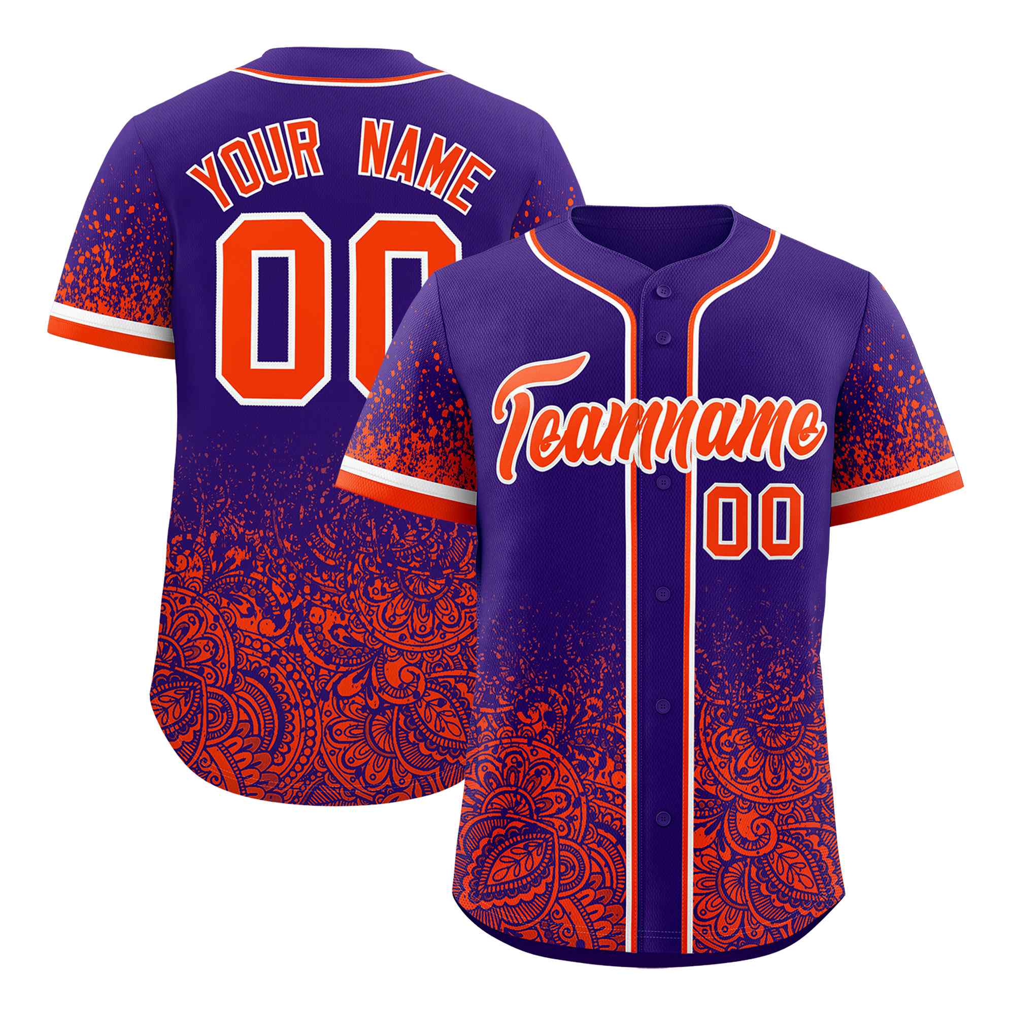 Custom Purple Orange Floral Print Pattern Full Button Gradient Fashion Baseball Jersey