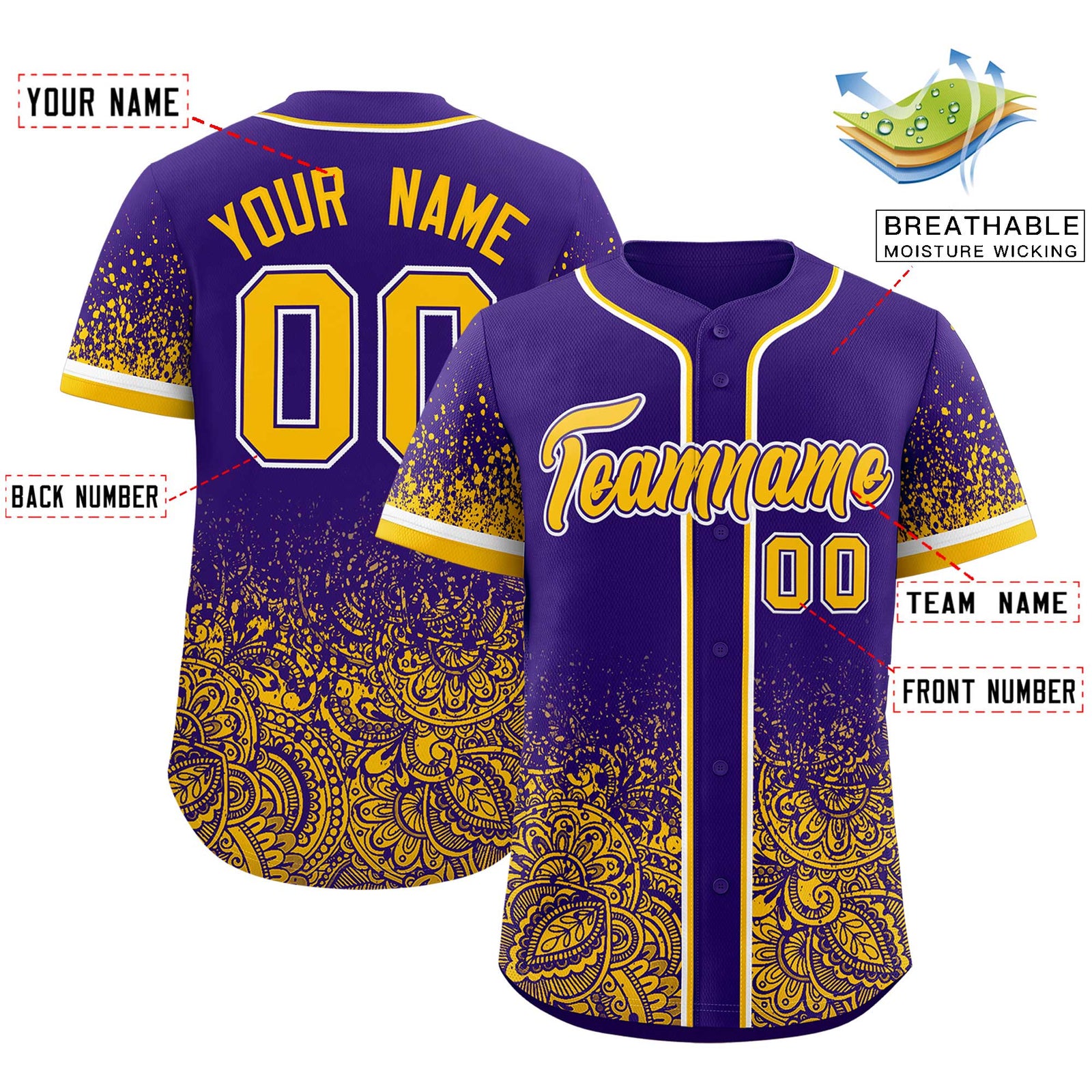 Custom Purple Yellow Floral Print Pattern Full Button Gradient Fashion Baseball Jersey