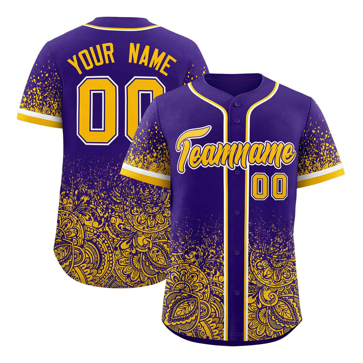 Custom Purple Yellow Floral Print Pattern Full Button Gradient Fashion Baseball Jersey