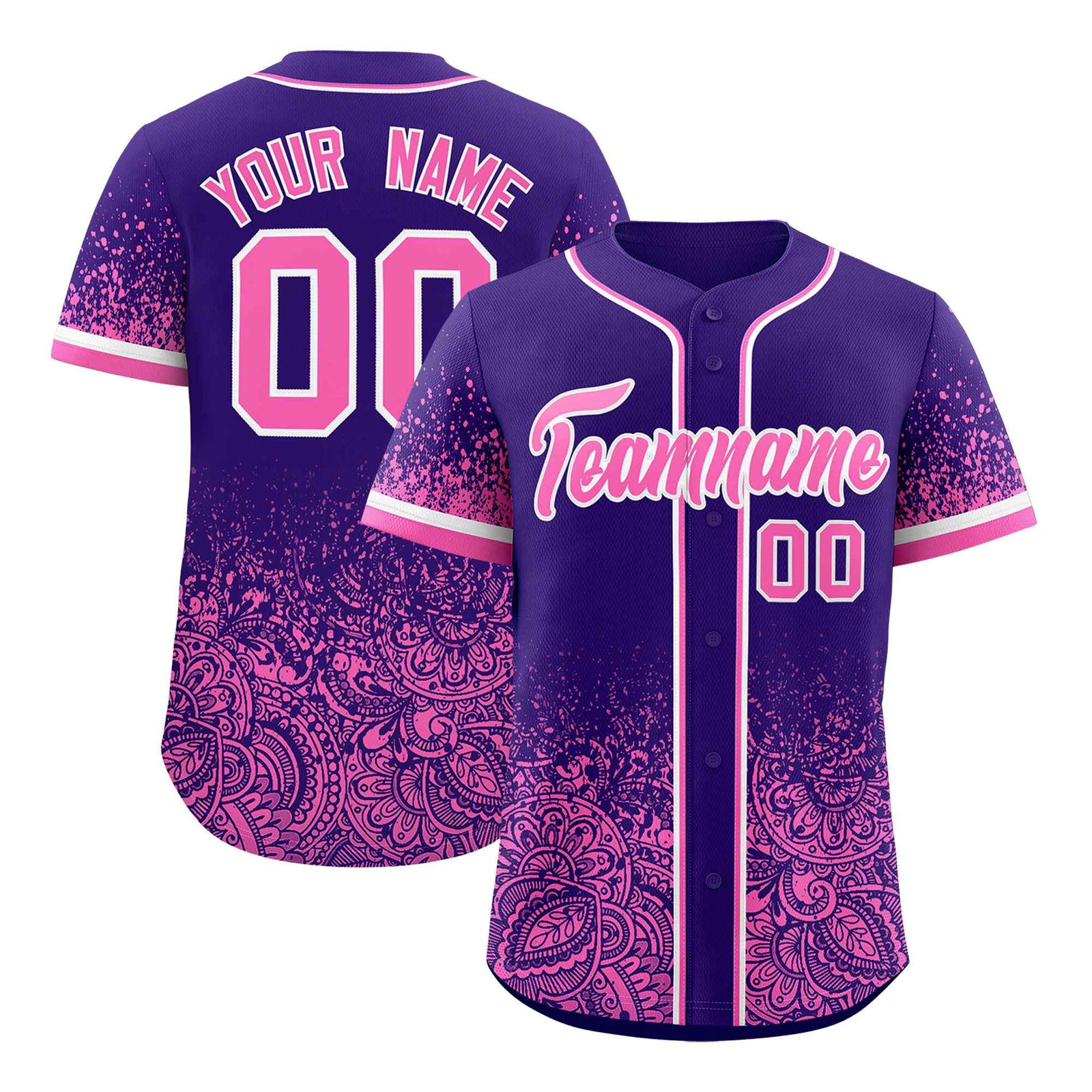 Custom Purple Pink Floral Print Pattern Full Button Gradient Fashion Baseball Jersey