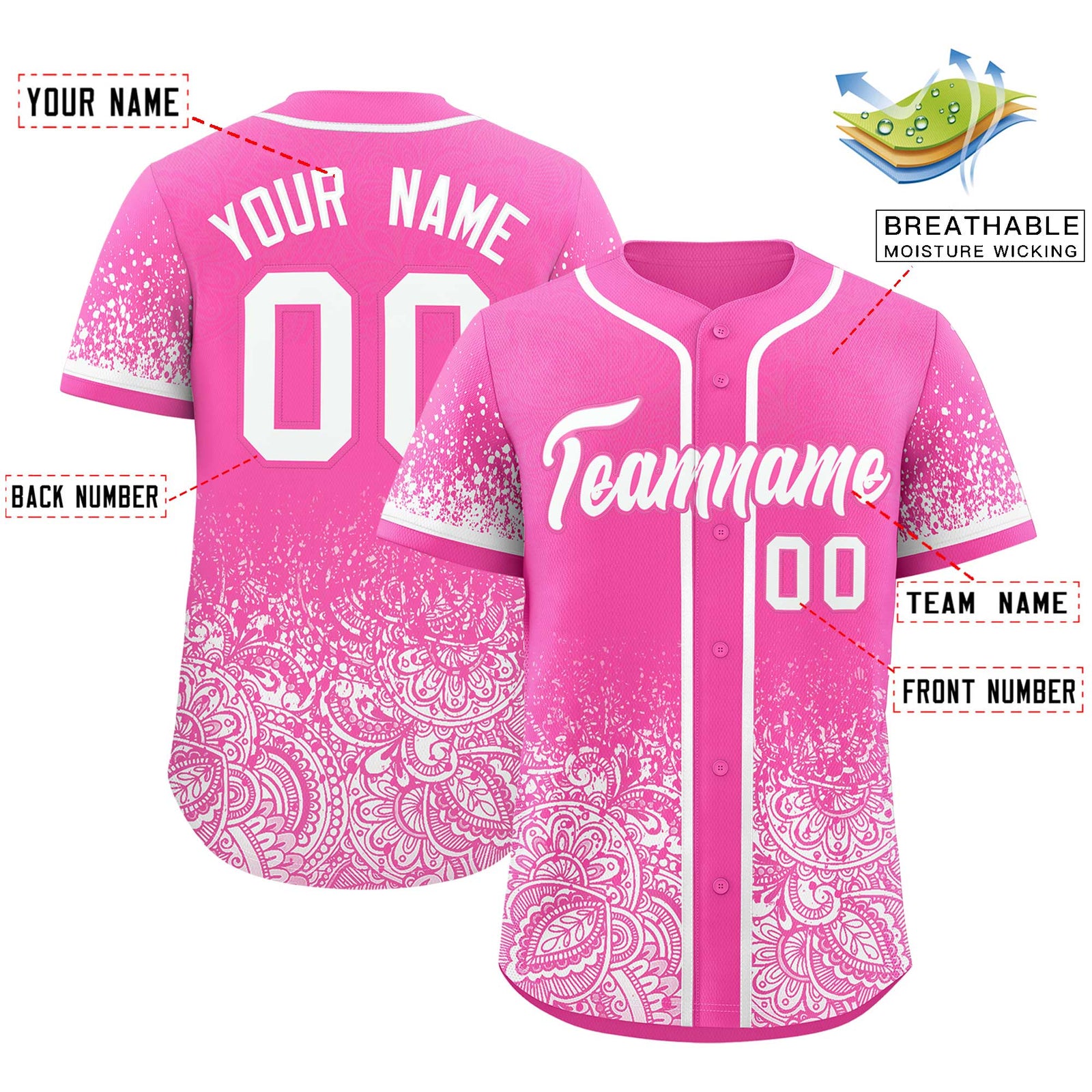 Custom Pink White Floral Print Pattern Full Button Gradient Fashion Baseball Jersey