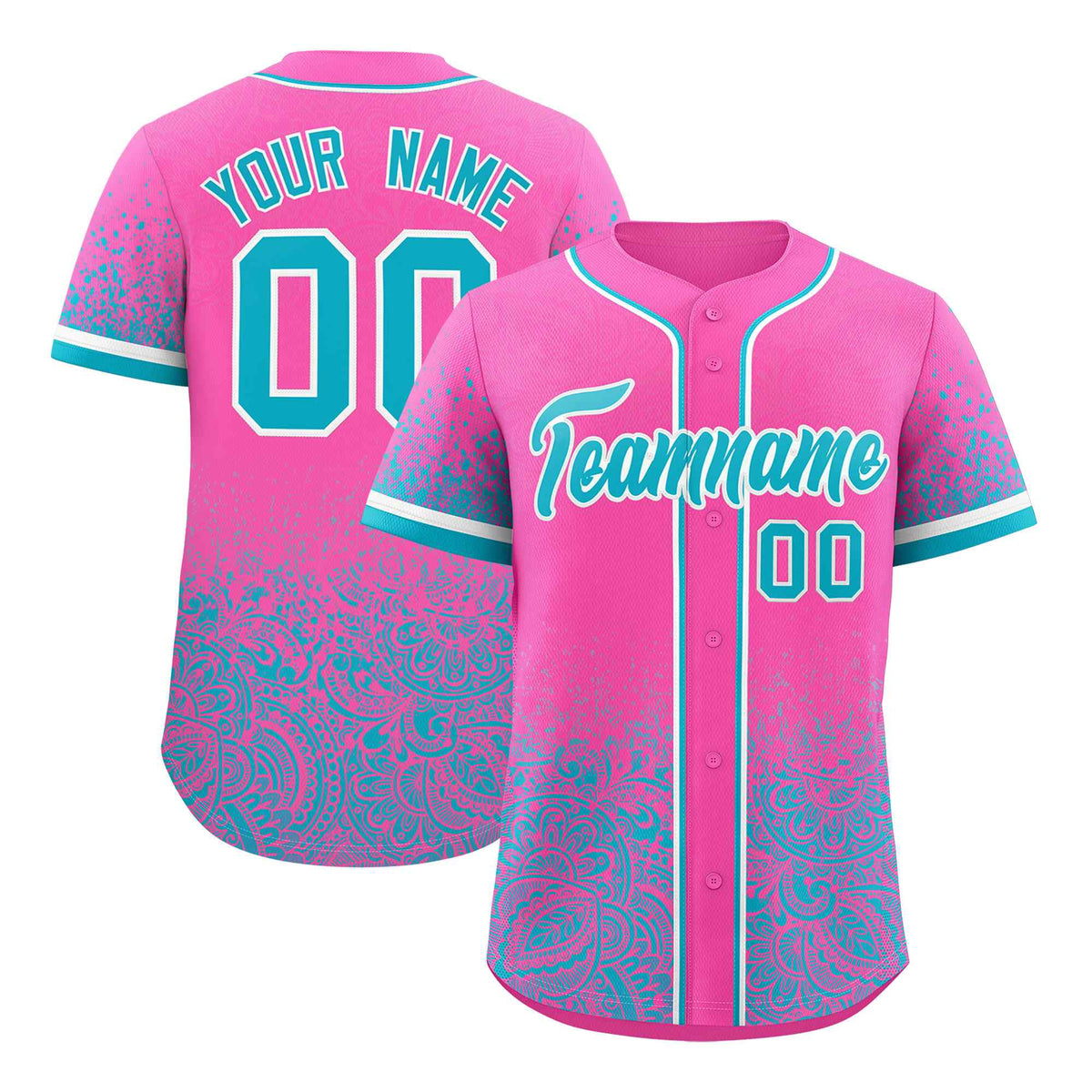 Custom Pink Sky Blue Floral Print Pattern Full Button Gradient Fashion Baseball Jersey