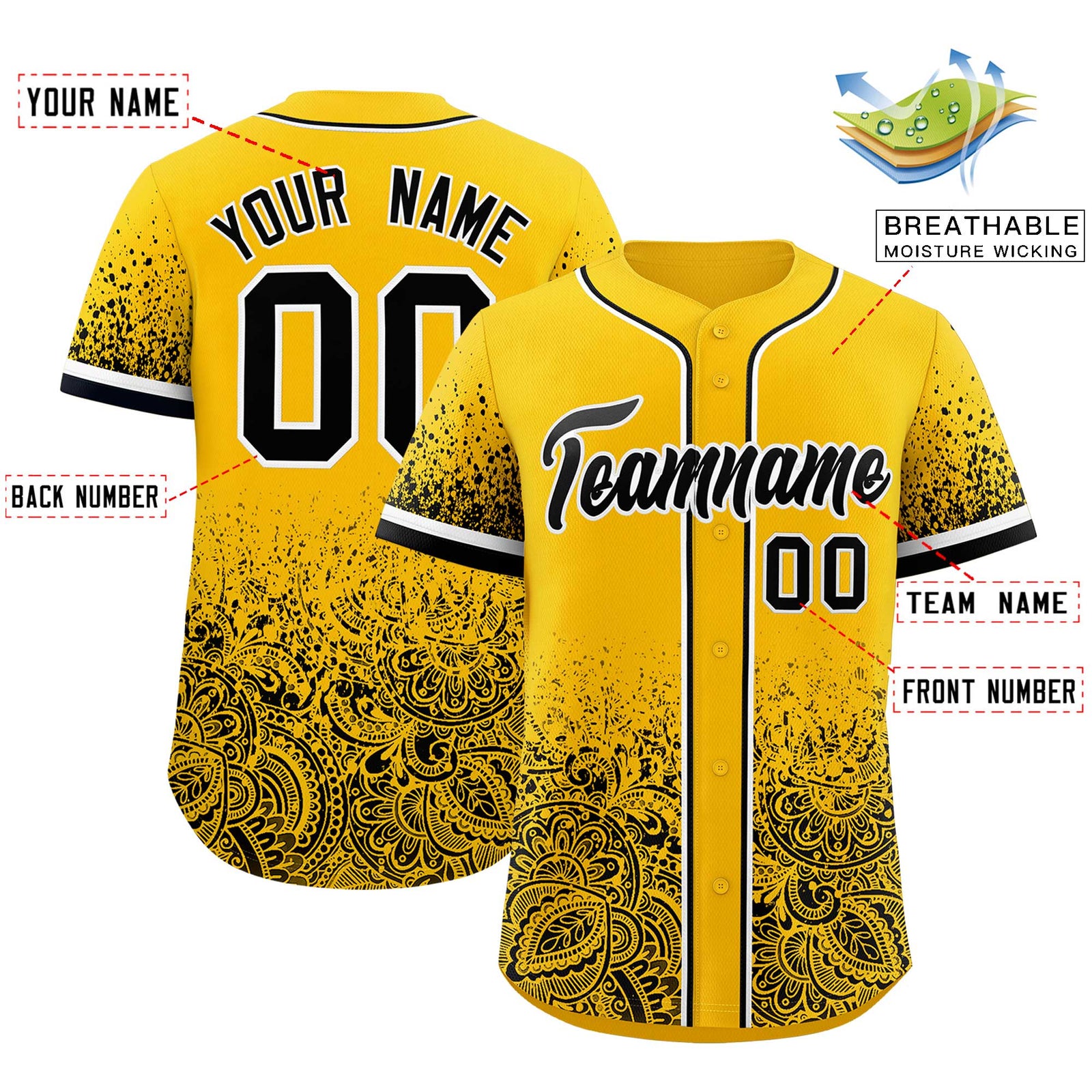 Custom Yellow Black Floral Print Pattern Full Button Gradient Fashion Baseball Jersey