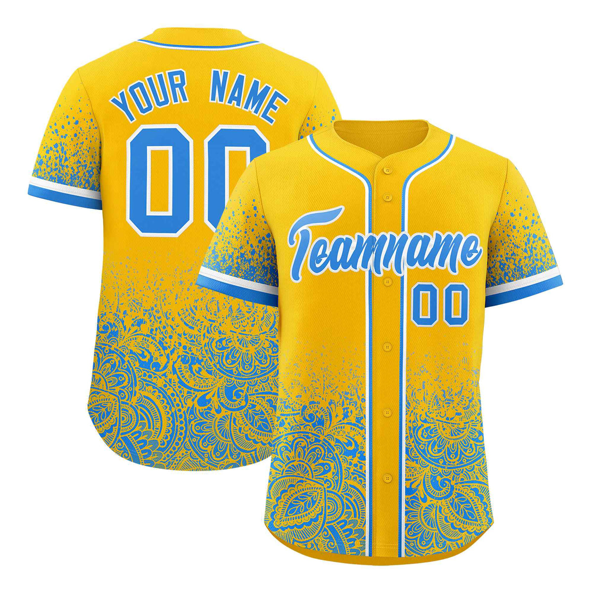 Custom Yellow Light Blue Floral Print Pattern Full Button Gradient Fashion Baseball Jersey