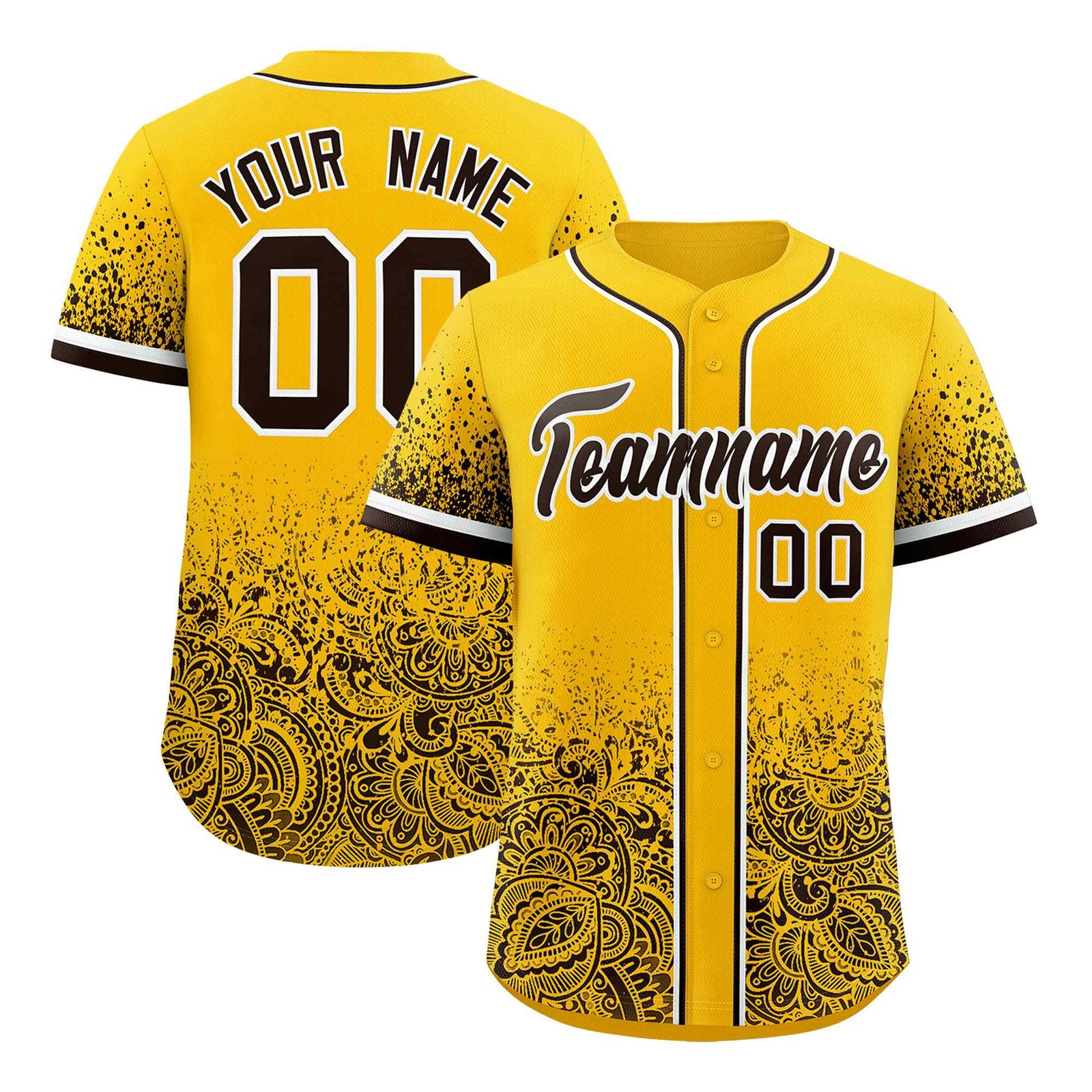 Custom Yellow Brown Floral Print Pattern Full Button Gradient Fashion Baseball Jersey