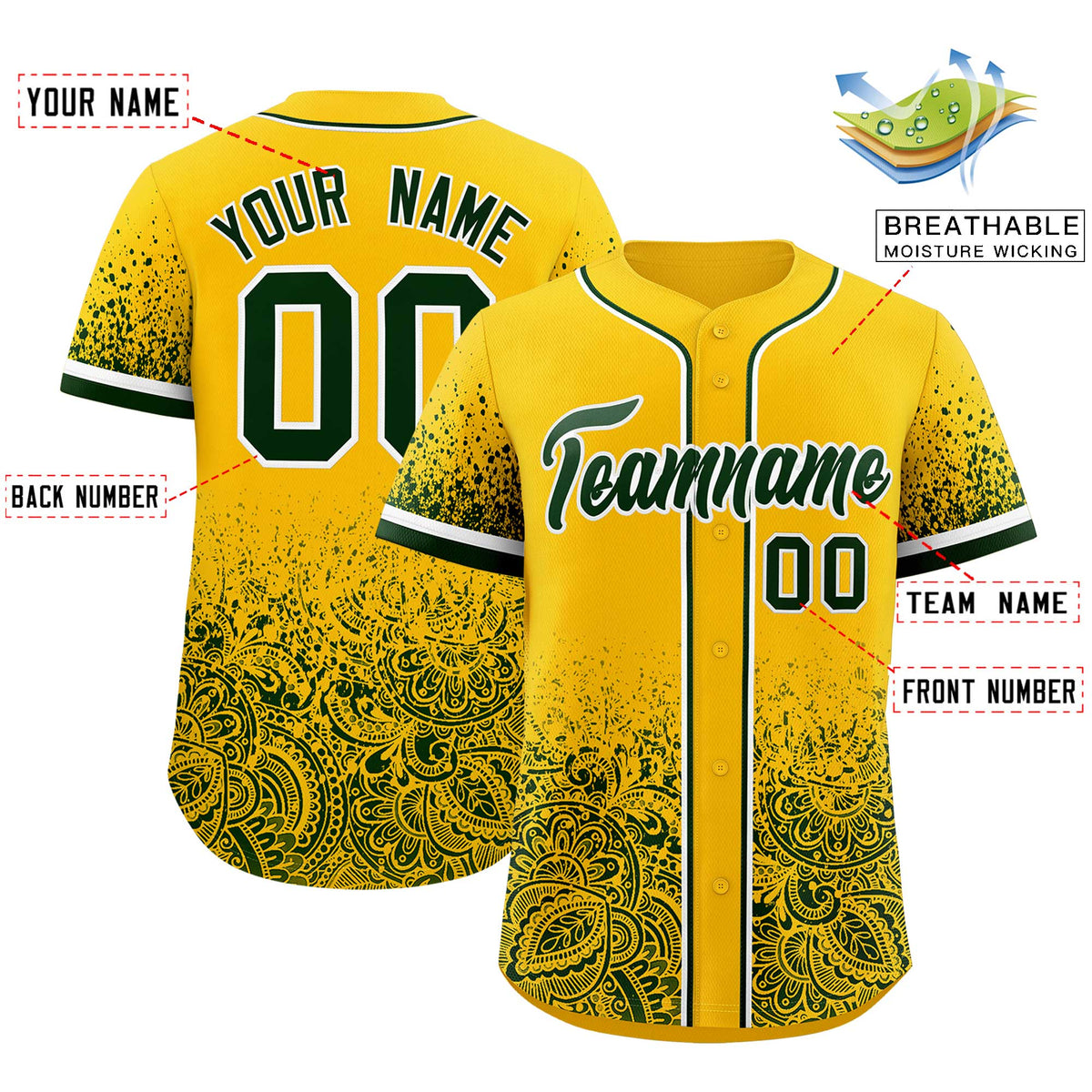 Custom Yellow Green Floral Print Pattern Full Button Gradient Fashion Baseball Jersey