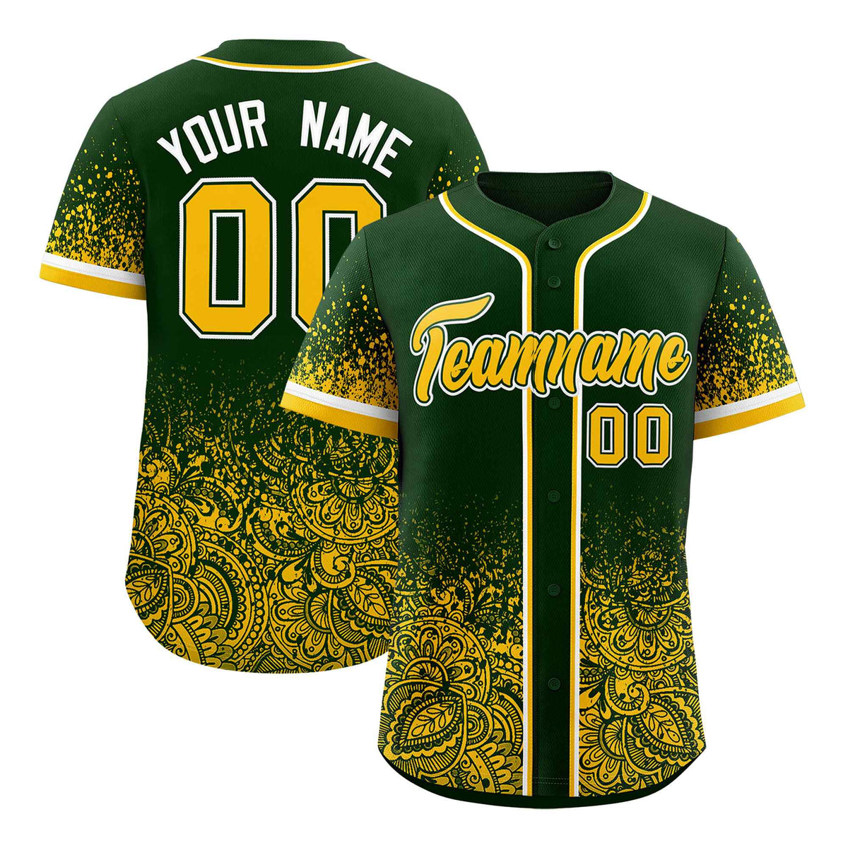 Custom Green Yellow Floral Print Pattern Full Button Gradient Fashion Baseball Jersey