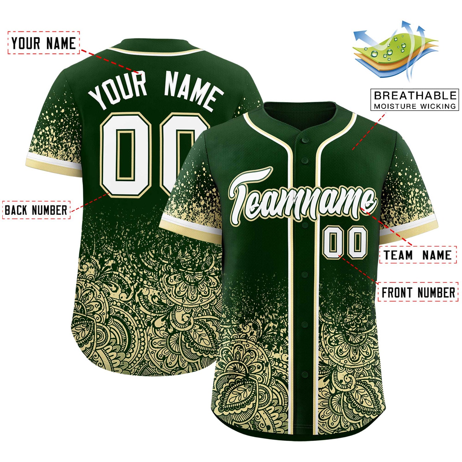 Custom Green Cream Floral Print Pattern Full Button Gradient Fashion Baseball Jersey