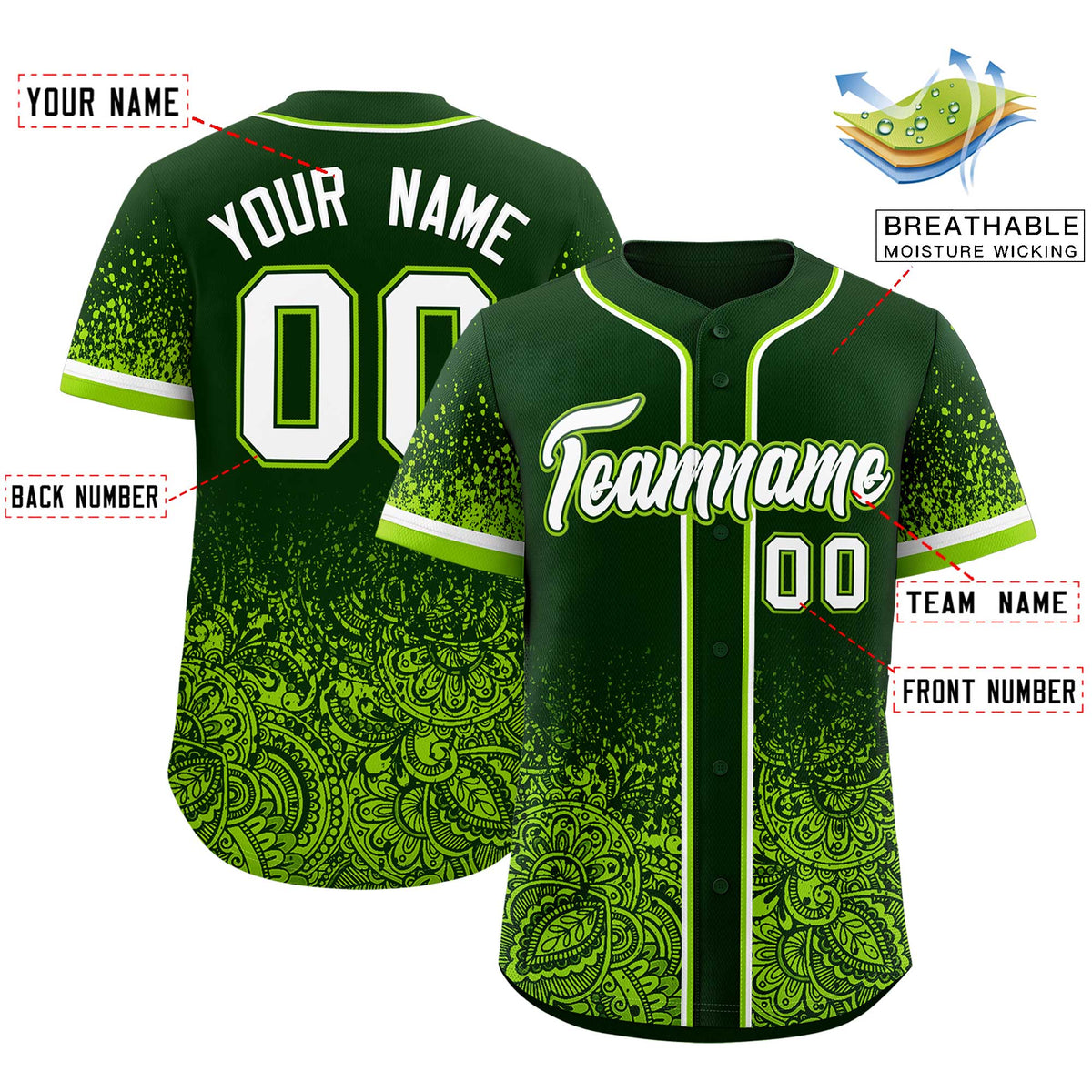 Custom Green Neon Green Floral Print Pattern Full Button Gradient Fashion Baseball Jersey