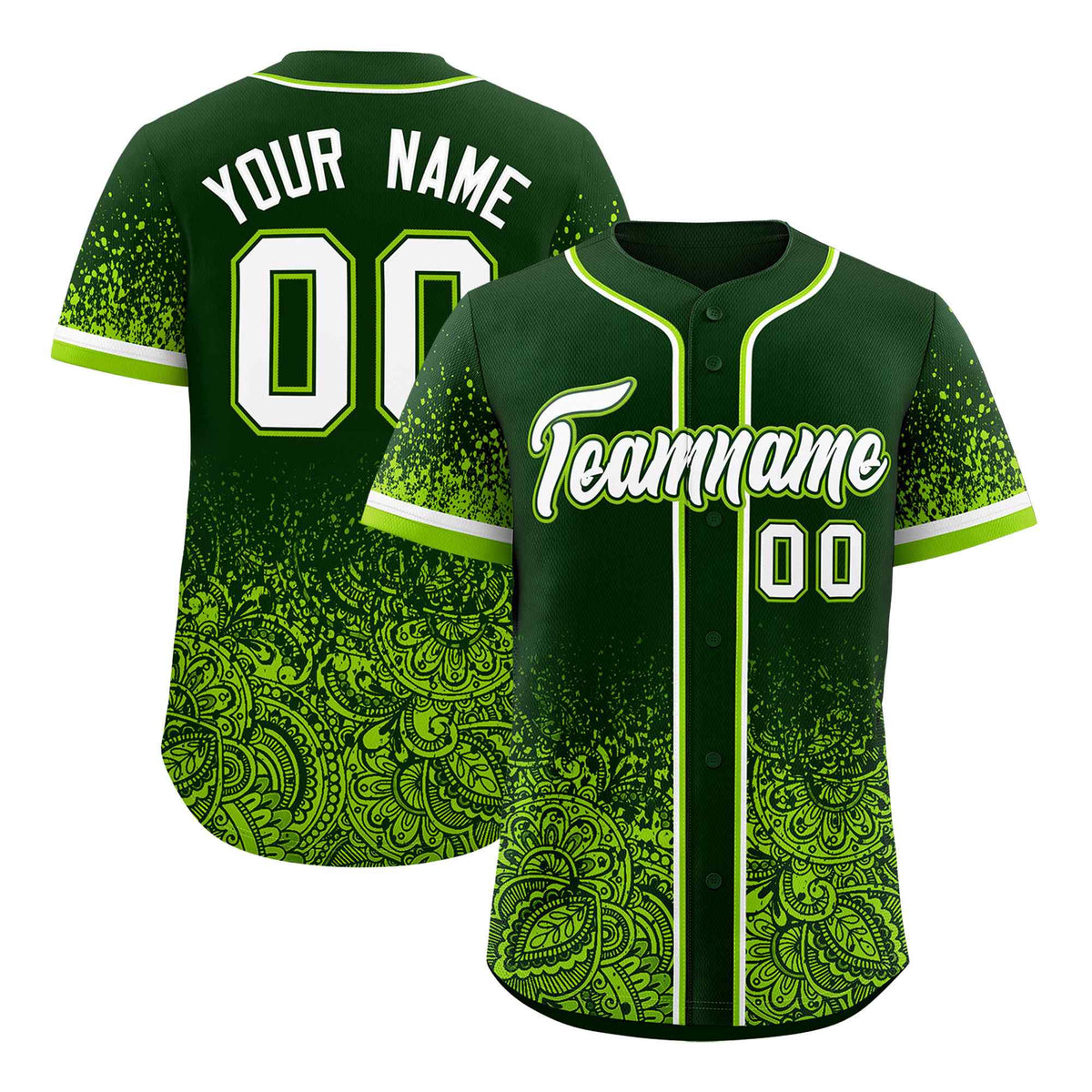 Custom Green Neon Green Floral Print Pattern Full Button Gradient Fashion Baseball Jersey
