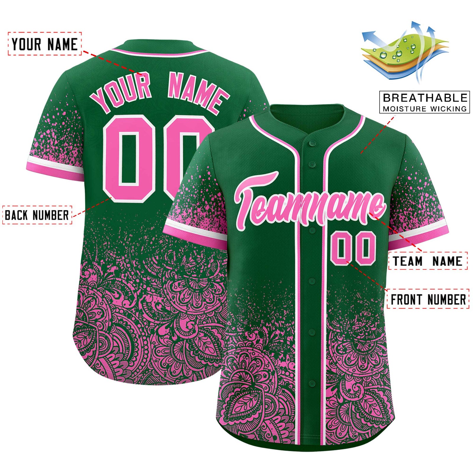 Custom Kelly Green Pink Floral Print Pattern Full Button Gradient Fashion Baseball Jersey