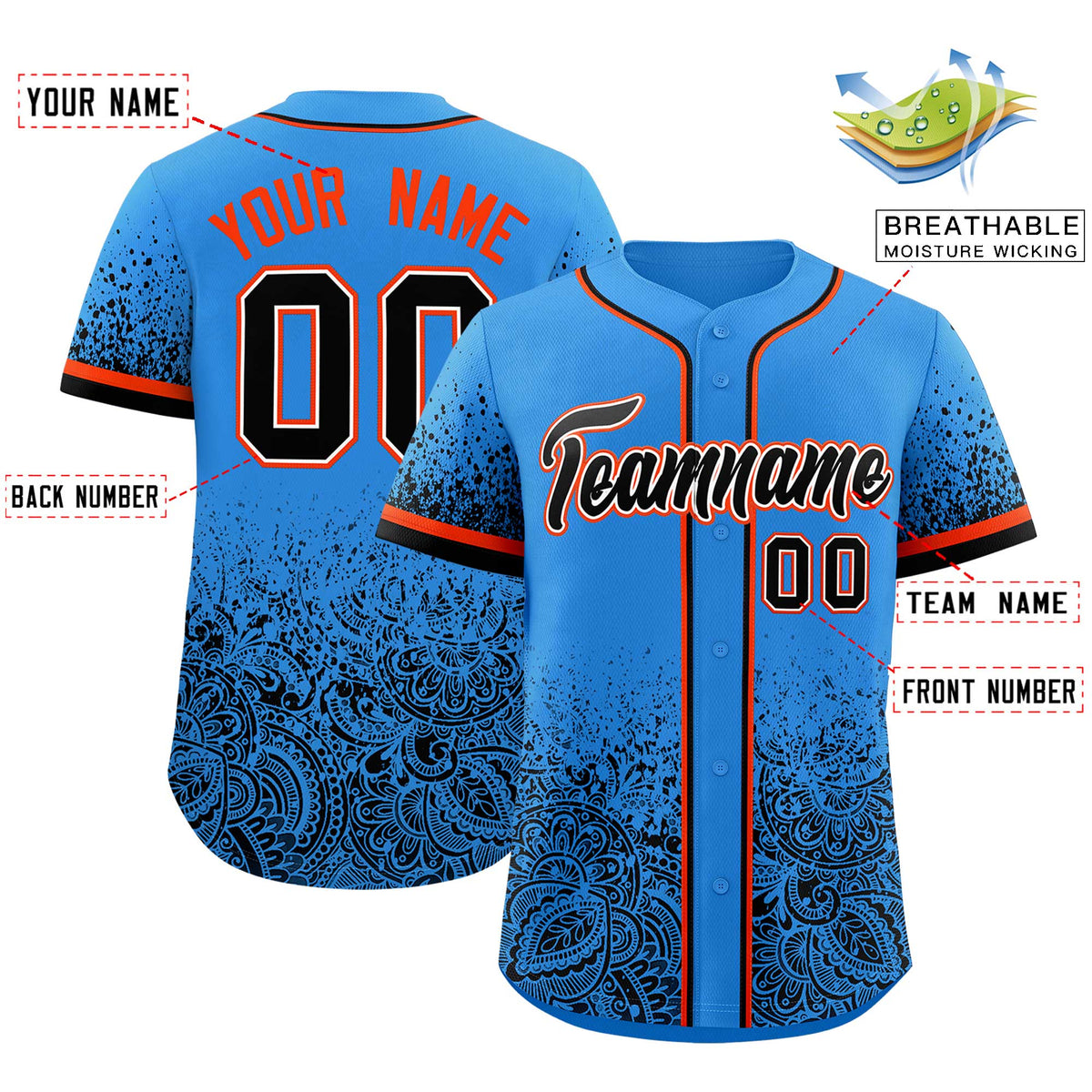 Custom Light Blue Black Floral Print Pattern Full Button Gradient Fashion Baseball Jersey