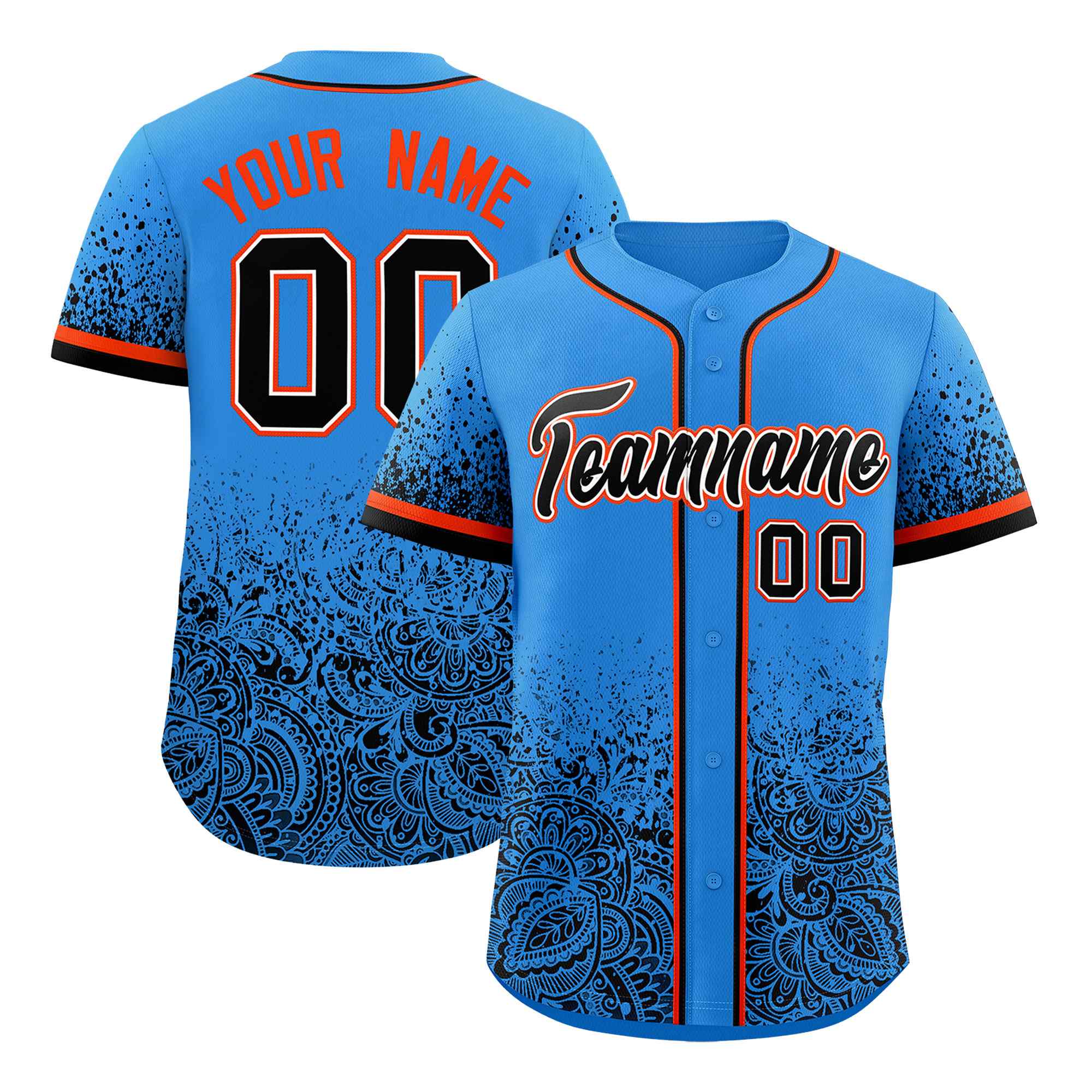 Custom Light Blue Black Floral Print Pattern Full Button Gradient Fashion Baseball Jersey