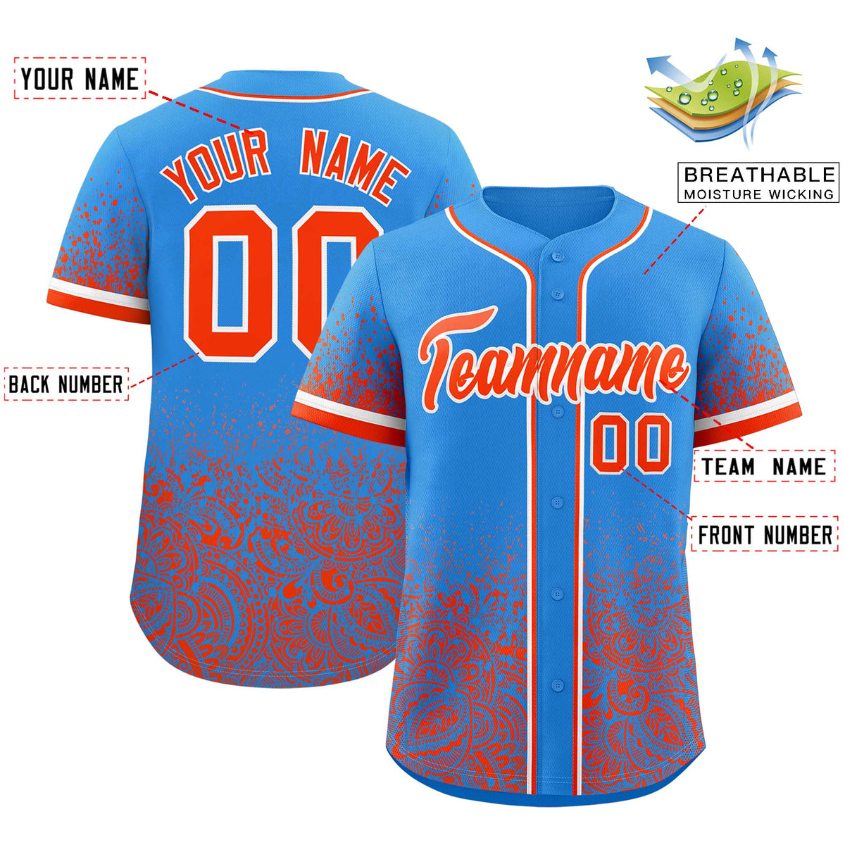 Custom Light Blue Orange Floral Print Pattern Full Button Gradient Fashion Baseball Jersey