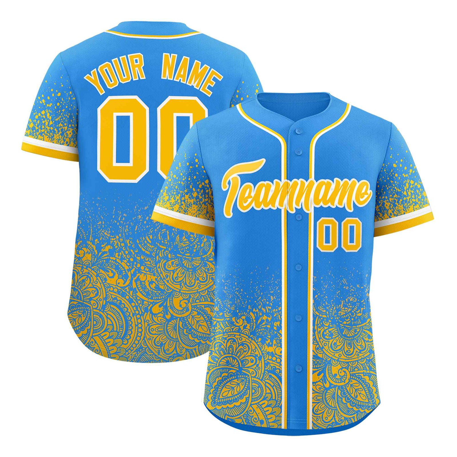 Custom Light Blue Yellow Floral Print Pattern Full Button Gradient Fashion Baseball Jersey