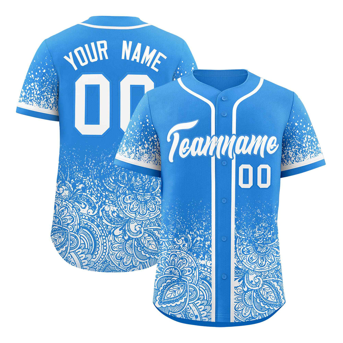 Custom Light Blue White Floral Print Pattern Full Button Gradient Fashion Baseball Jersey