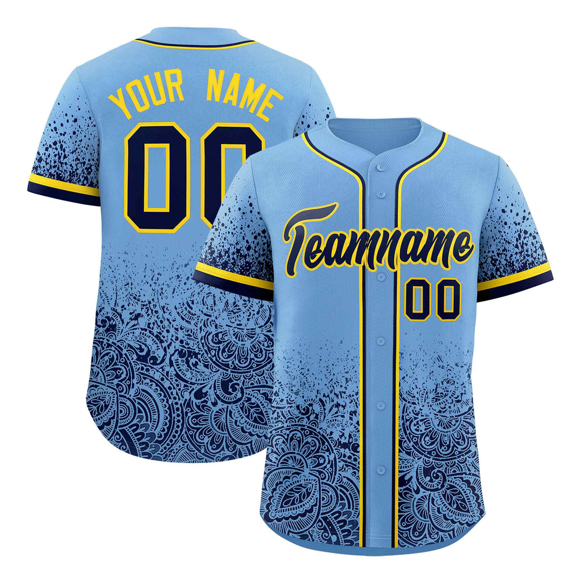 Custom Powder Blue Navy Floral Print Pattern Full Button Gradient Fashion Baseball Jersey