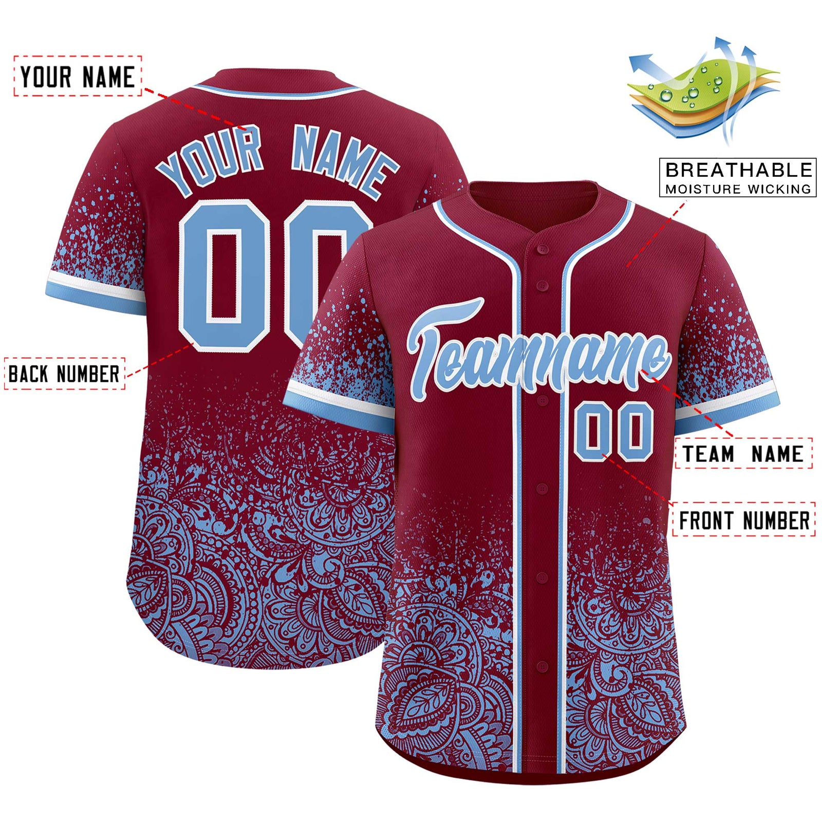 Custom Crimson Powder Blue Floral Print Pattern Full Button Gradient Fashion Baseball Jersey