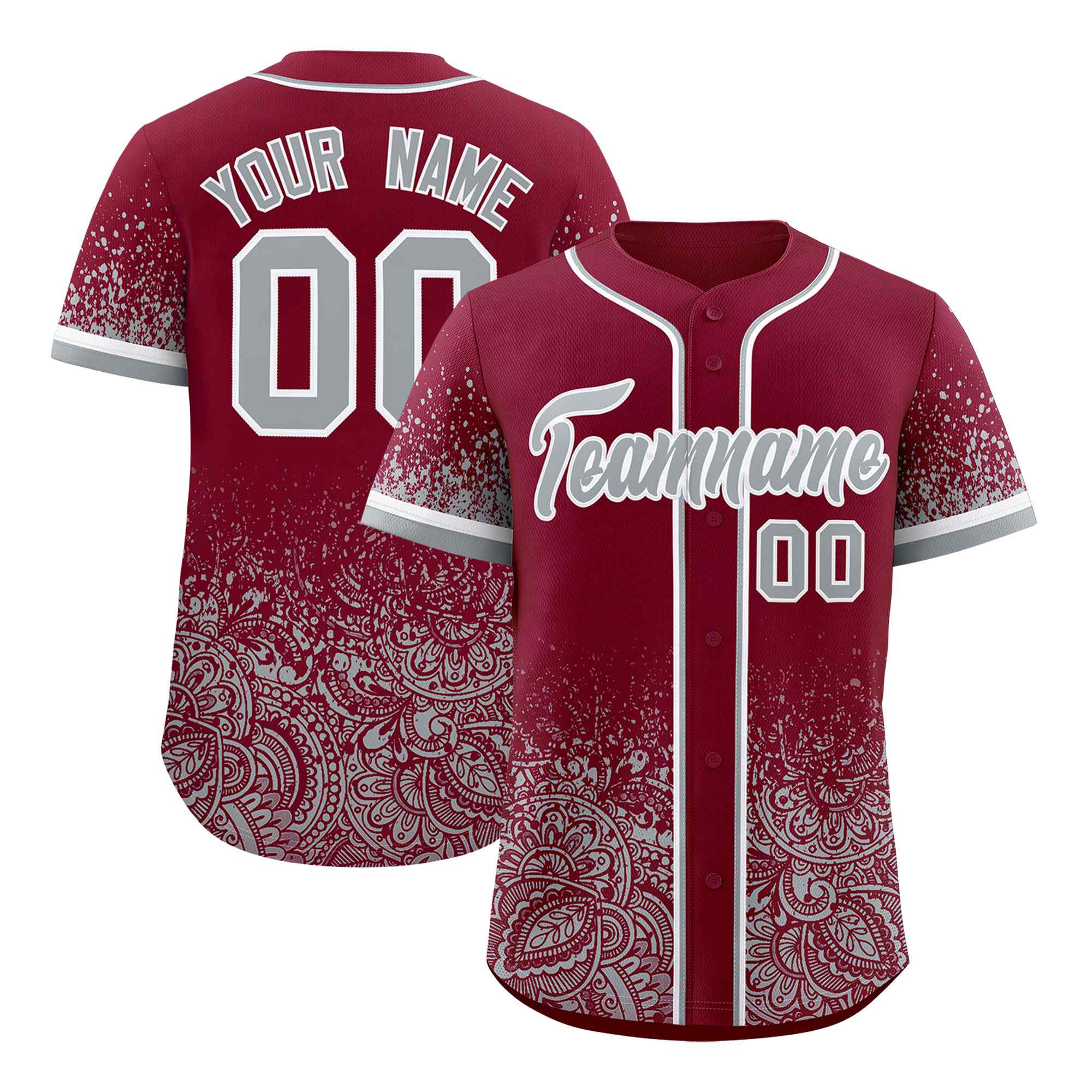 Custom Crimson Gray Floral Print Pattern Full Button Gradient Fashion Baseball Jersey