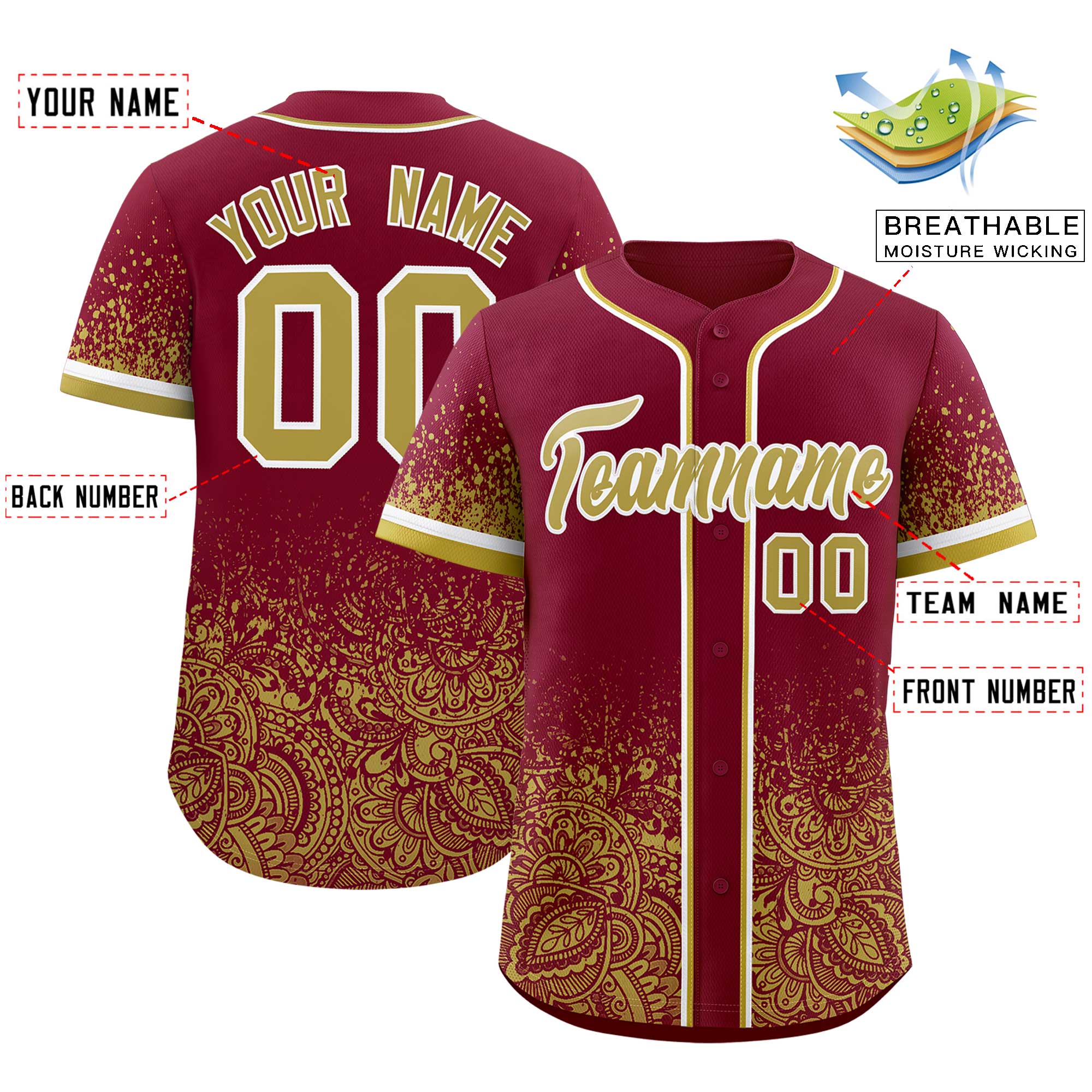 Custom Crimson Khaki Floral Print Pattern Full Button Gradient Fashion Baseball Jersey