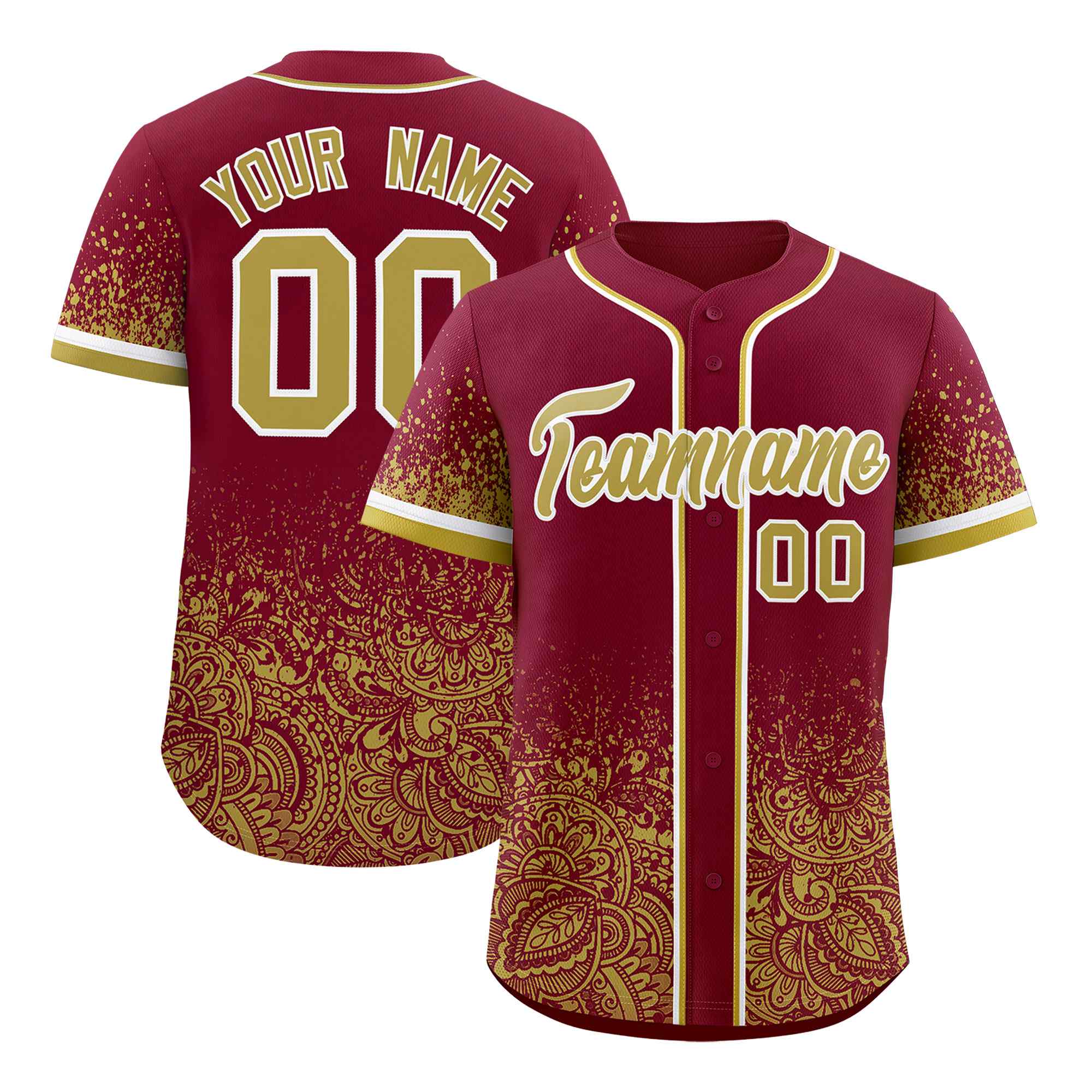 Custom Crimson Khaki Floral Print Pattern Full Button Gradient Fashion Baseball Jersey