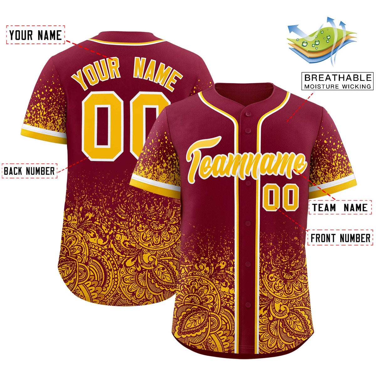 Custom Crimson Yellow Floral Print Pattern Full Button Gradient Fashion Baseball Jersey