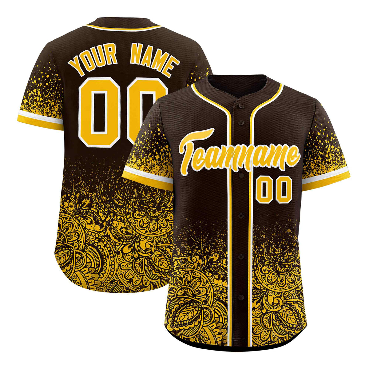 Custom Brown Yellow Floral Print Pattern Full Button Gradient Fashion Baseball Jersey