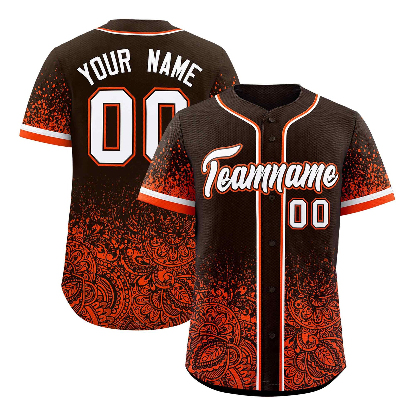 Custom Brown Orange Floral Print Pattern Full Button Gradient Fashion Baseball Jersey