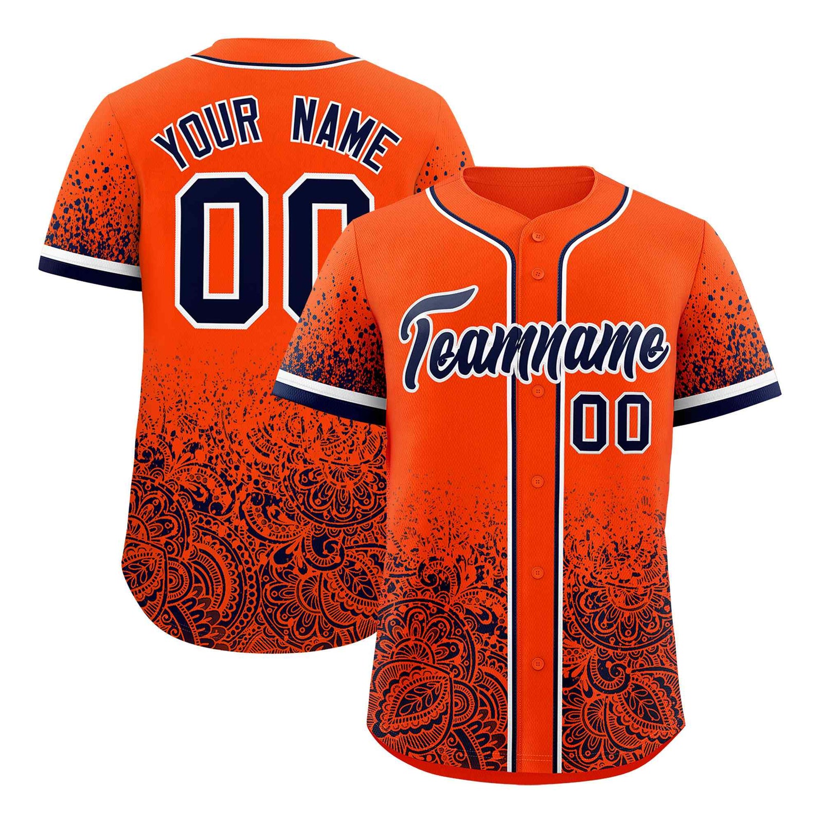 Custom Orange Navy Floral Print Pattern Full Button Gradient Fashion Baseball Jersey