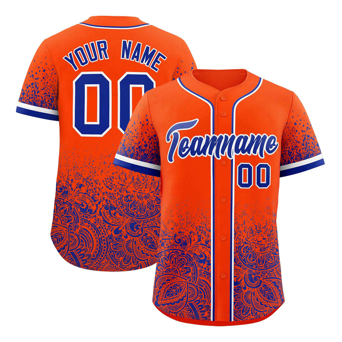 Custom Orange Royal Floral Print Pattern Full Button Gradient Fashion Baseball Jersey