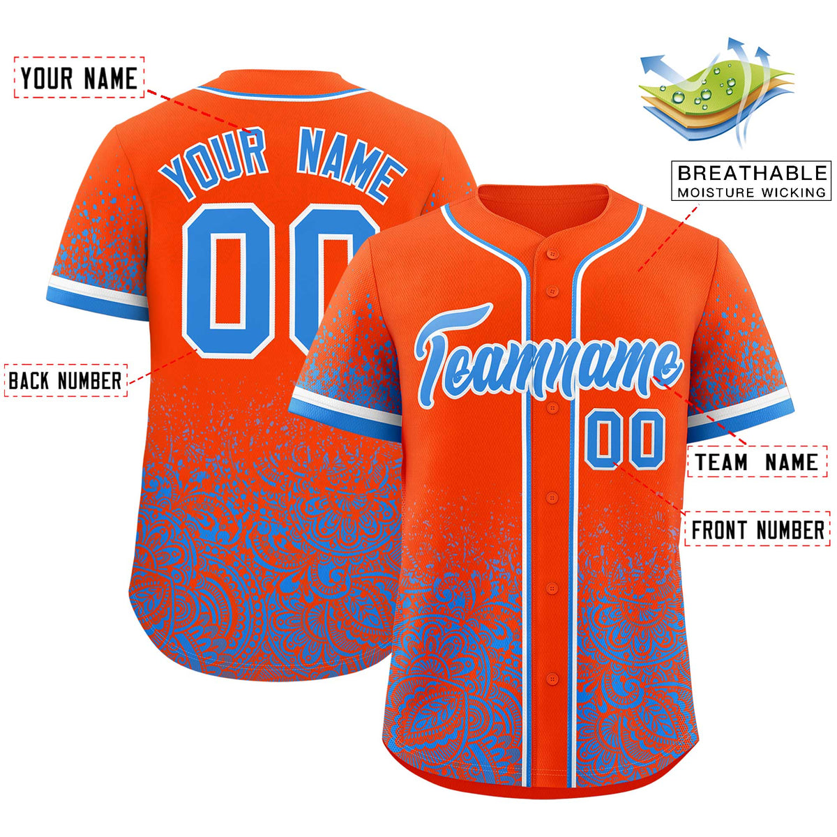 Custom Orange Light Blue Floral Print Pattern Full Button Gradient Fashion Baseball Jersey
