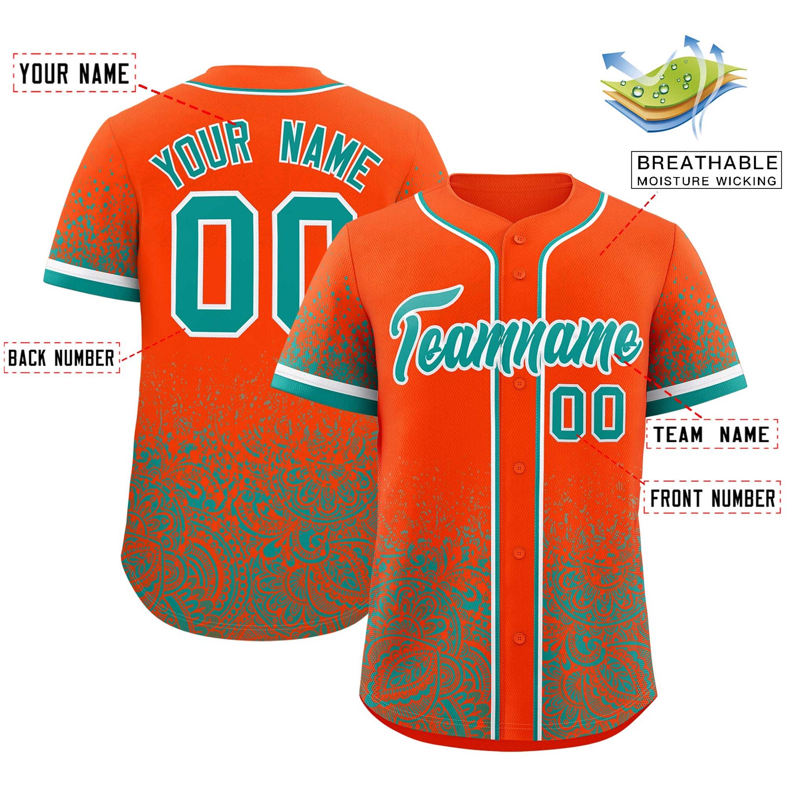 Custom Orange Aqua Floral Print Pattern Full Button Gradient Fashion Baseball Jersey