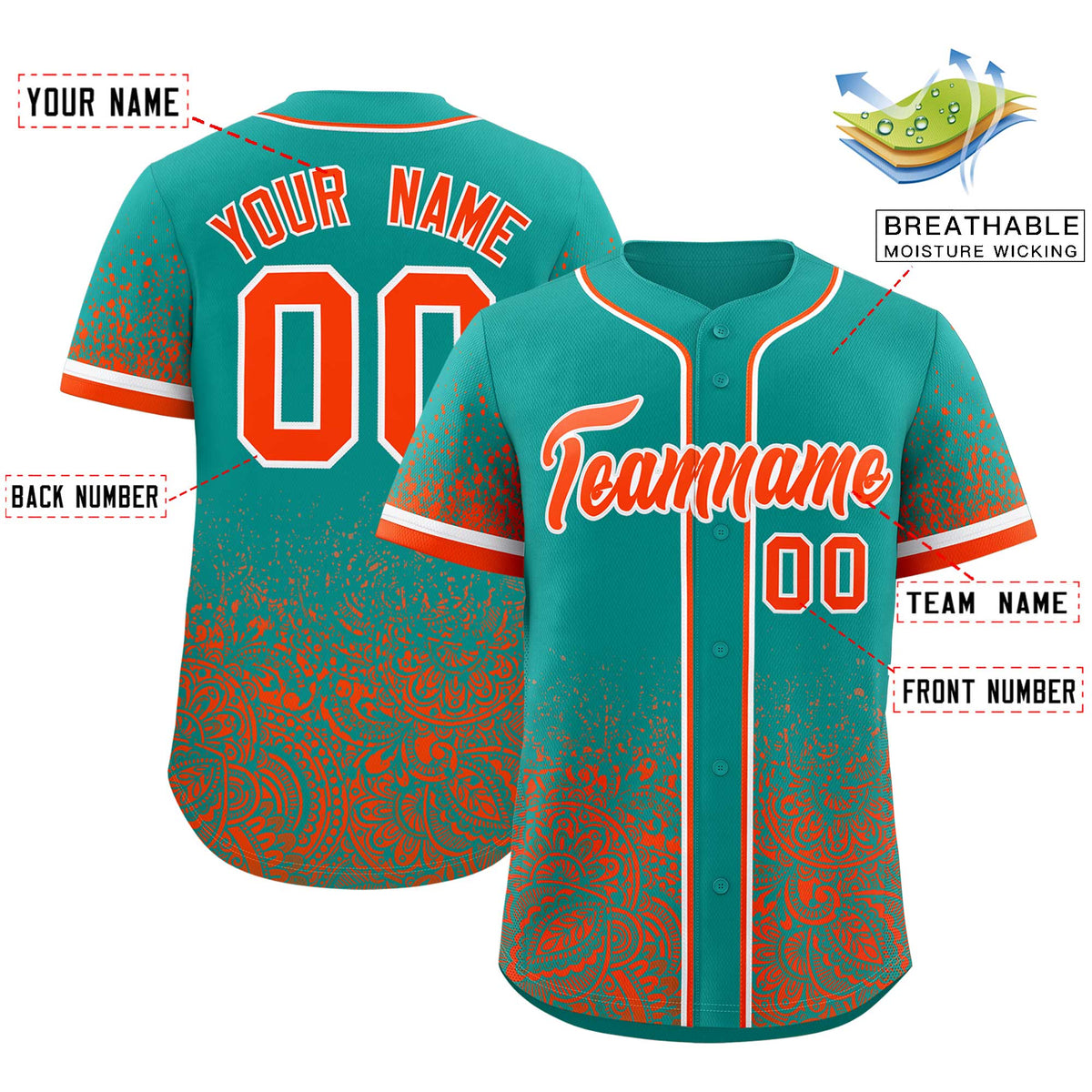 Custom Aqua Orange Floral Print Pattern Full Button Gradient Fashion Baseball Jersey