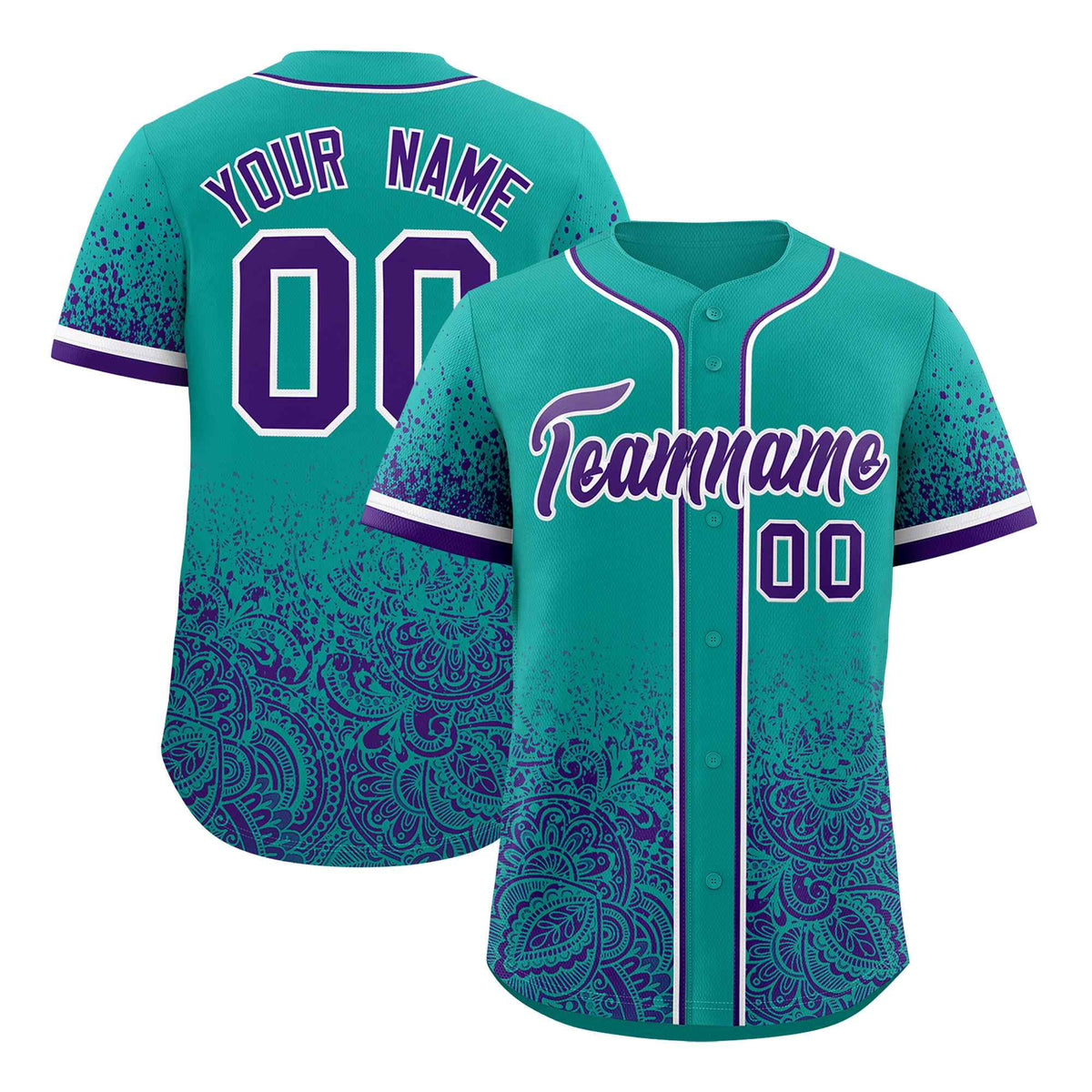 Custom Aqua Purple Floral Print Pattern Full Button Gradient Fashion Baseball Jersey