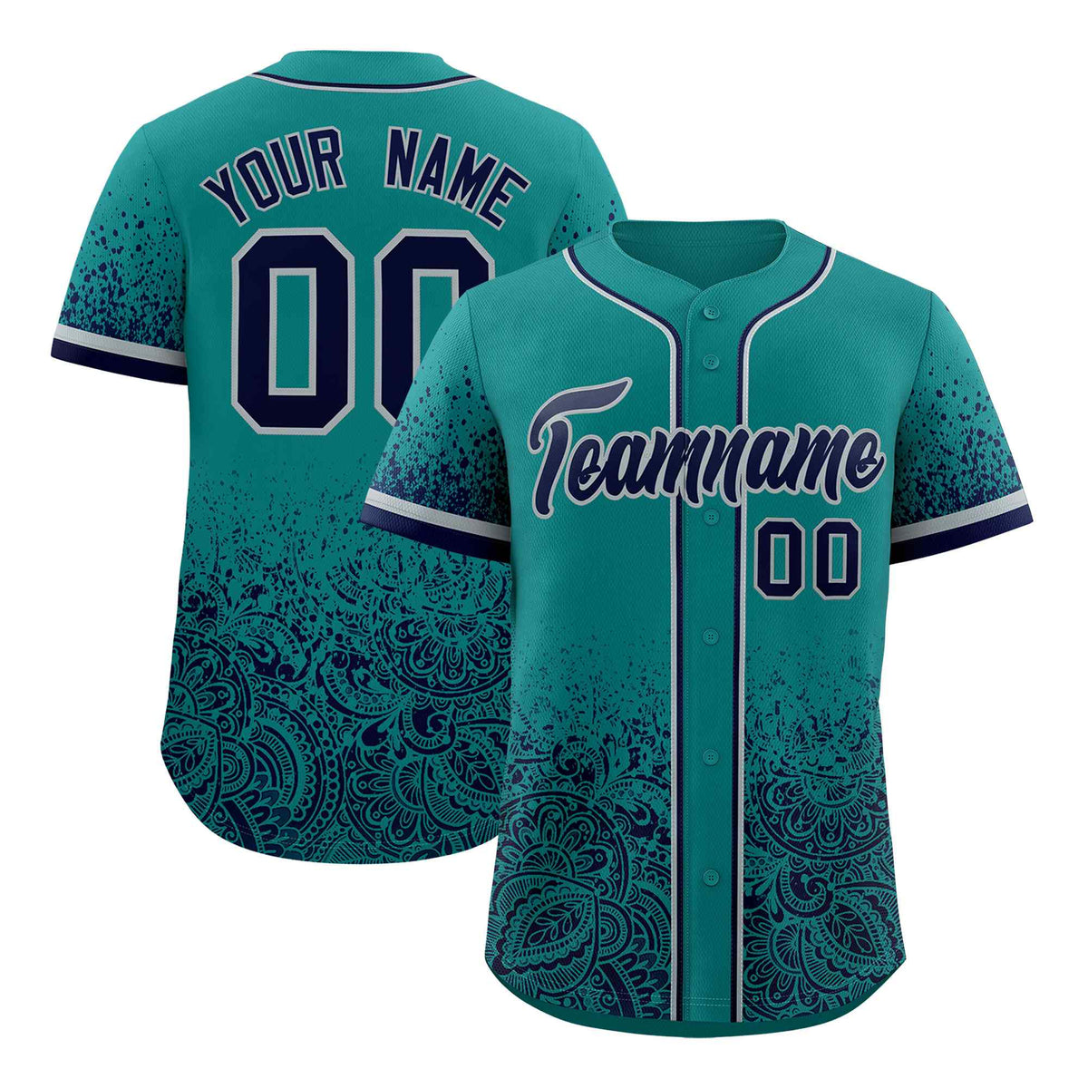 Custom Teal Navy Floral Print Pattern Full Button Gradient Fashion Baseball Jersey