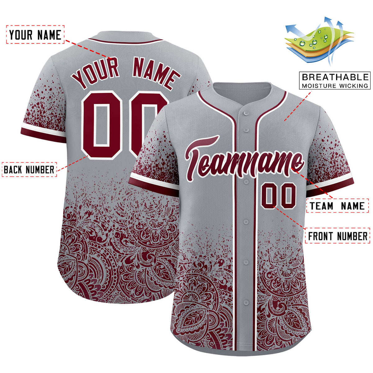 Custom Gray Crimson Floral Print Pattern Full Button Gradient Fashion Baseball Jersey
