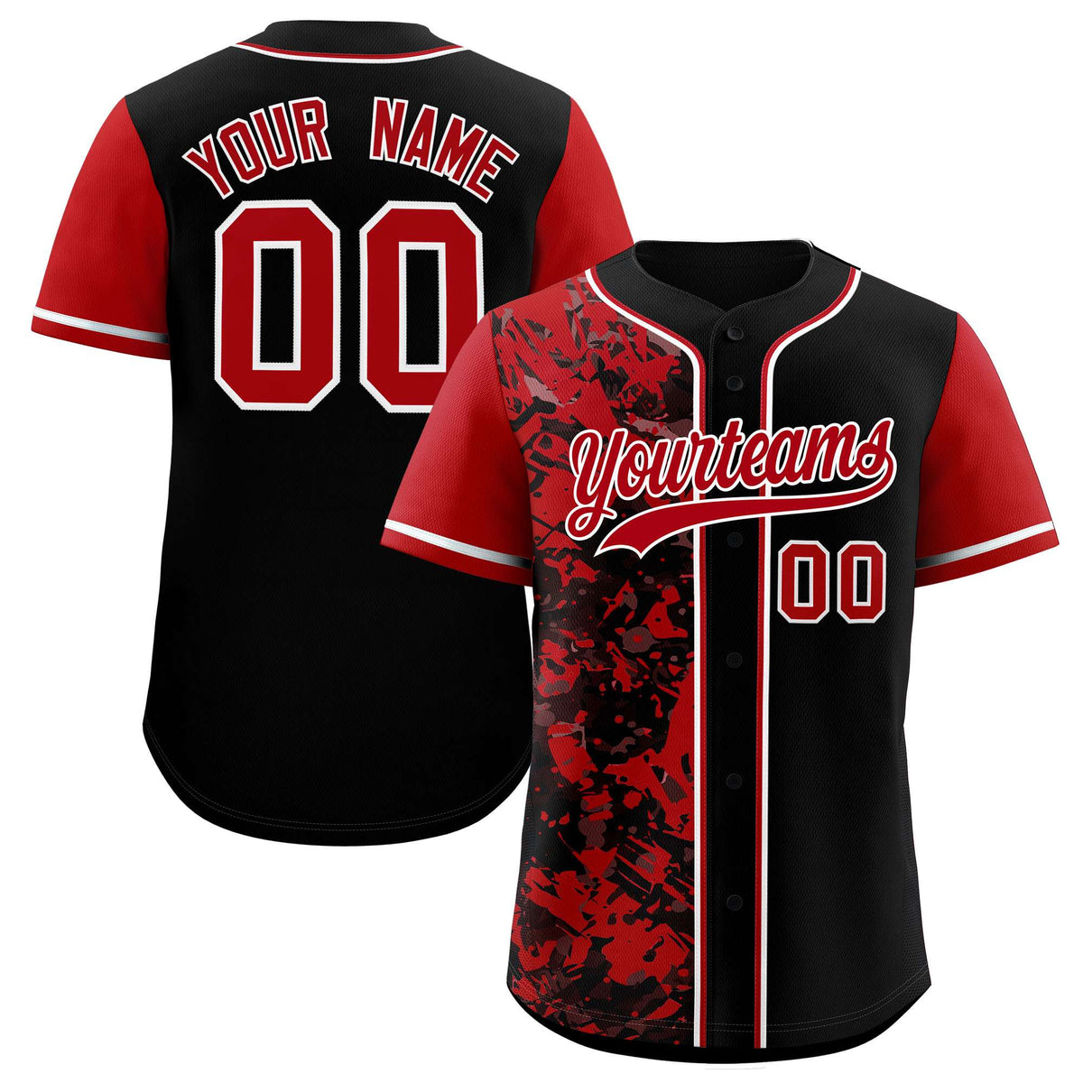 Custom Black Red Split Personalized Graffiti Raglan Sleeve Authentic Baseball Jersey