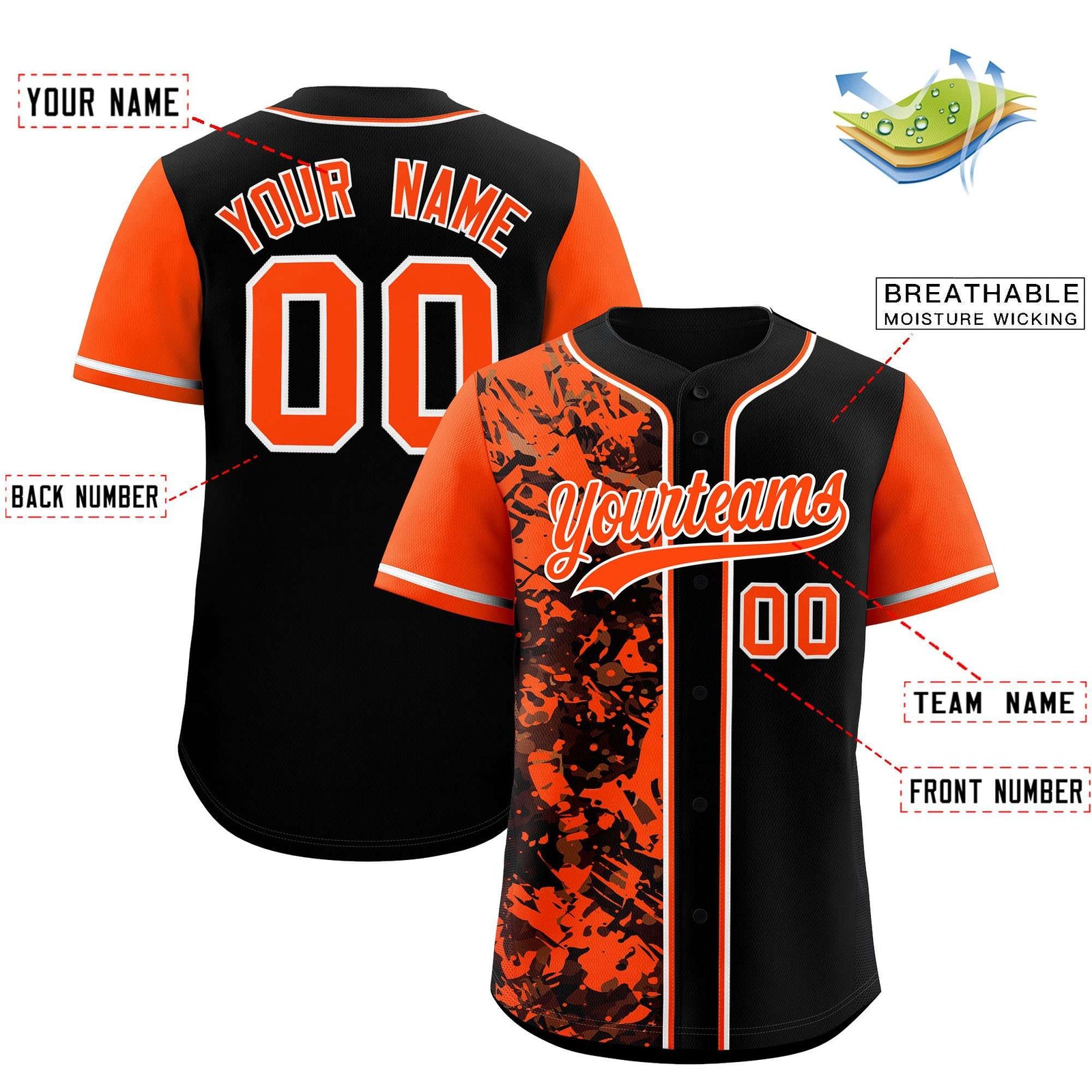 Custom Black Orange Split Personalized Graffiti Raglan Sleeve Authentic Baseball Jersey